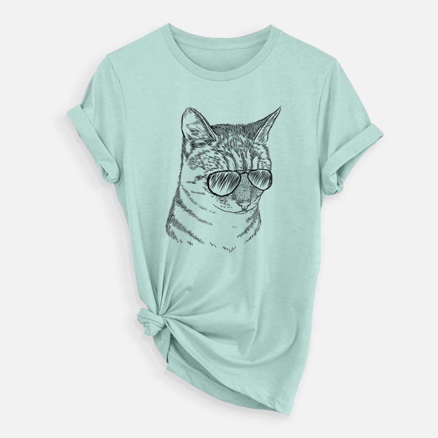 Hand-drawn sketch of Dora the Tabby Cat wearing aviator sunglasses on a Heather Sage Unisex crewneck