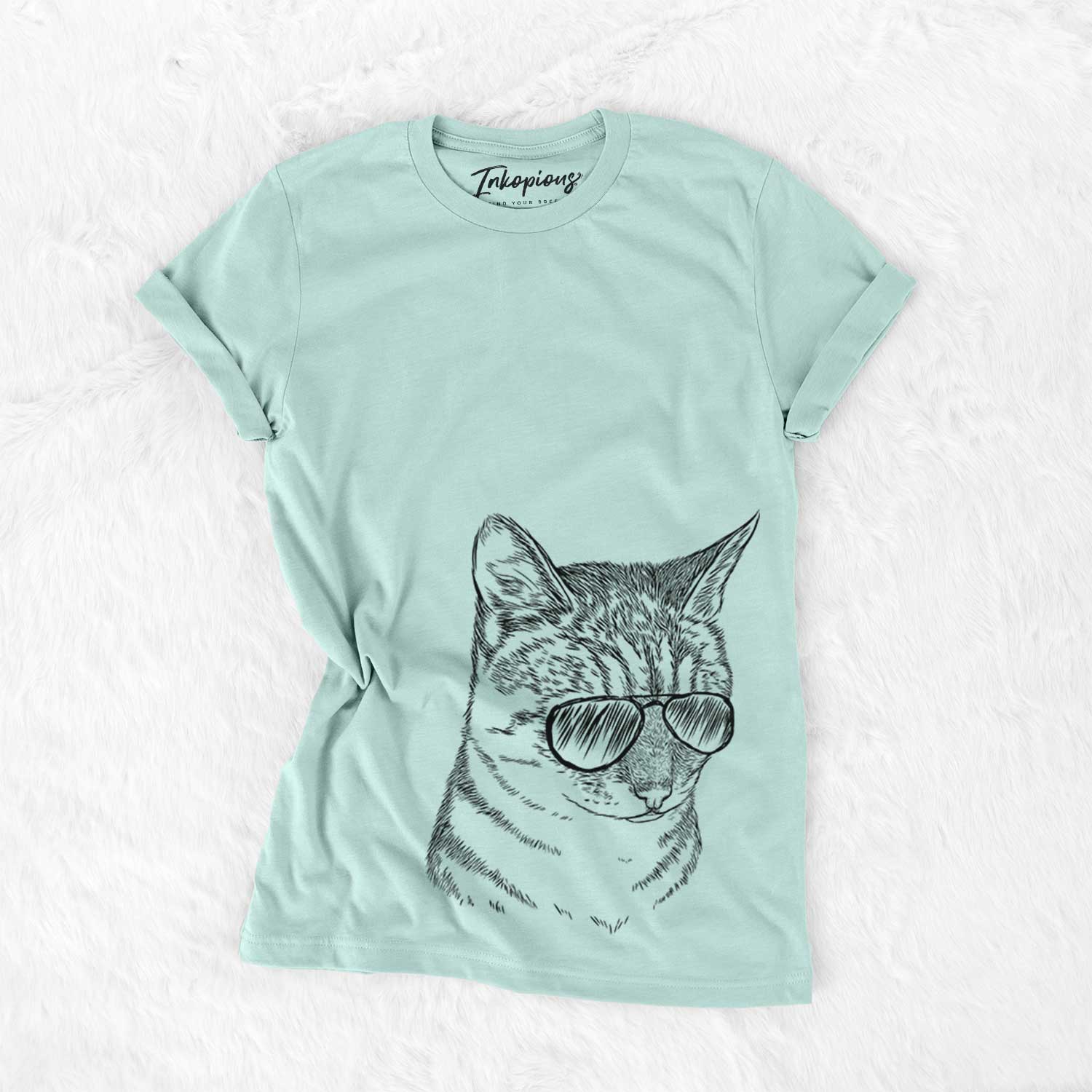 Hand-drawn sketch of Dora the Tabby Cat wearing aviator sunglasses on a Heather Sage Unisex crewneck