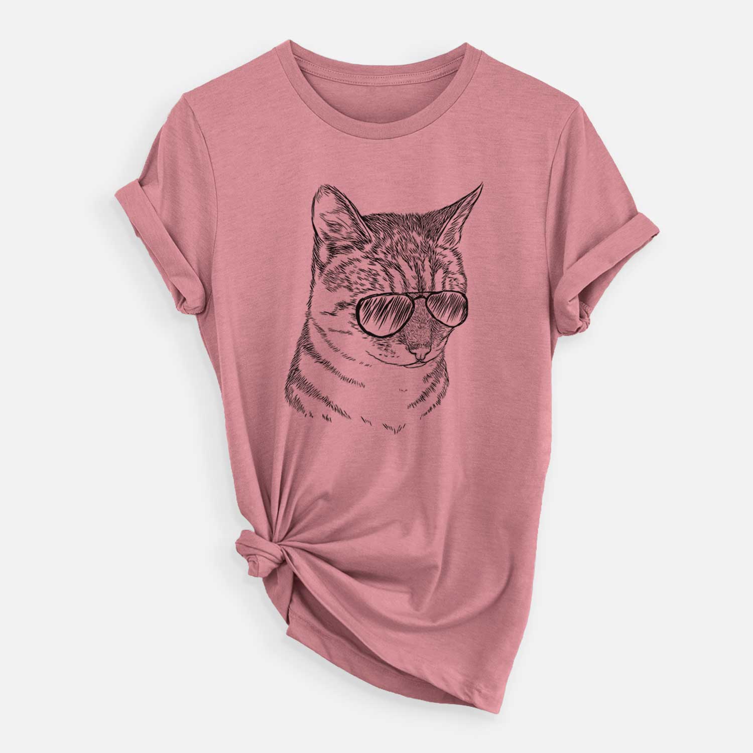 Hand-drawn sketch of Dora the Tabby Cat wearing aviator sunglasses on a Mauve Unisex crewneck