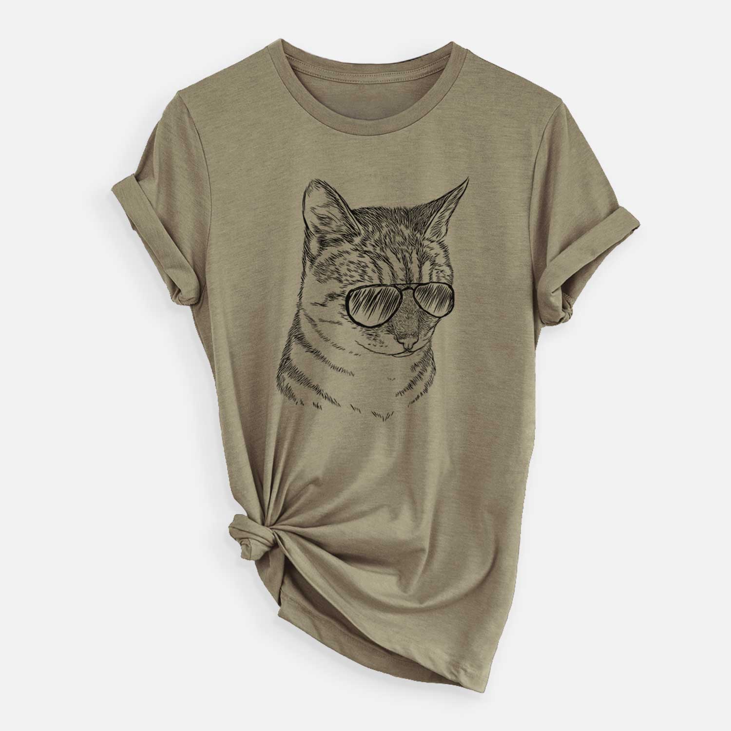 Hand-drawn sketch of Dora the Tabby Cat wearing aviator sunglasses on an Olive Unisex crewneck