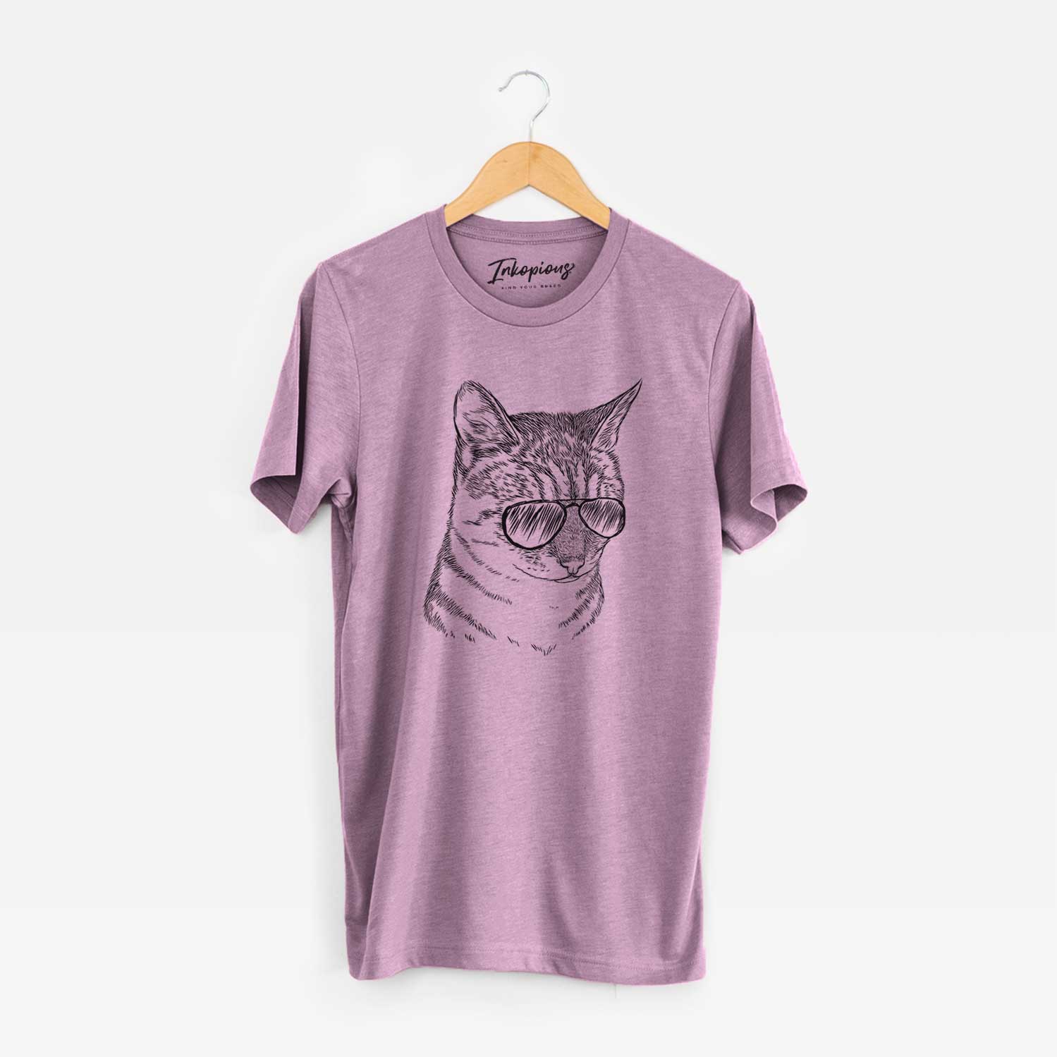 Hand-drawn sketch of Dora the Tabby Cat wearing aviator sunglasses on an Orchid Unisex crewneck