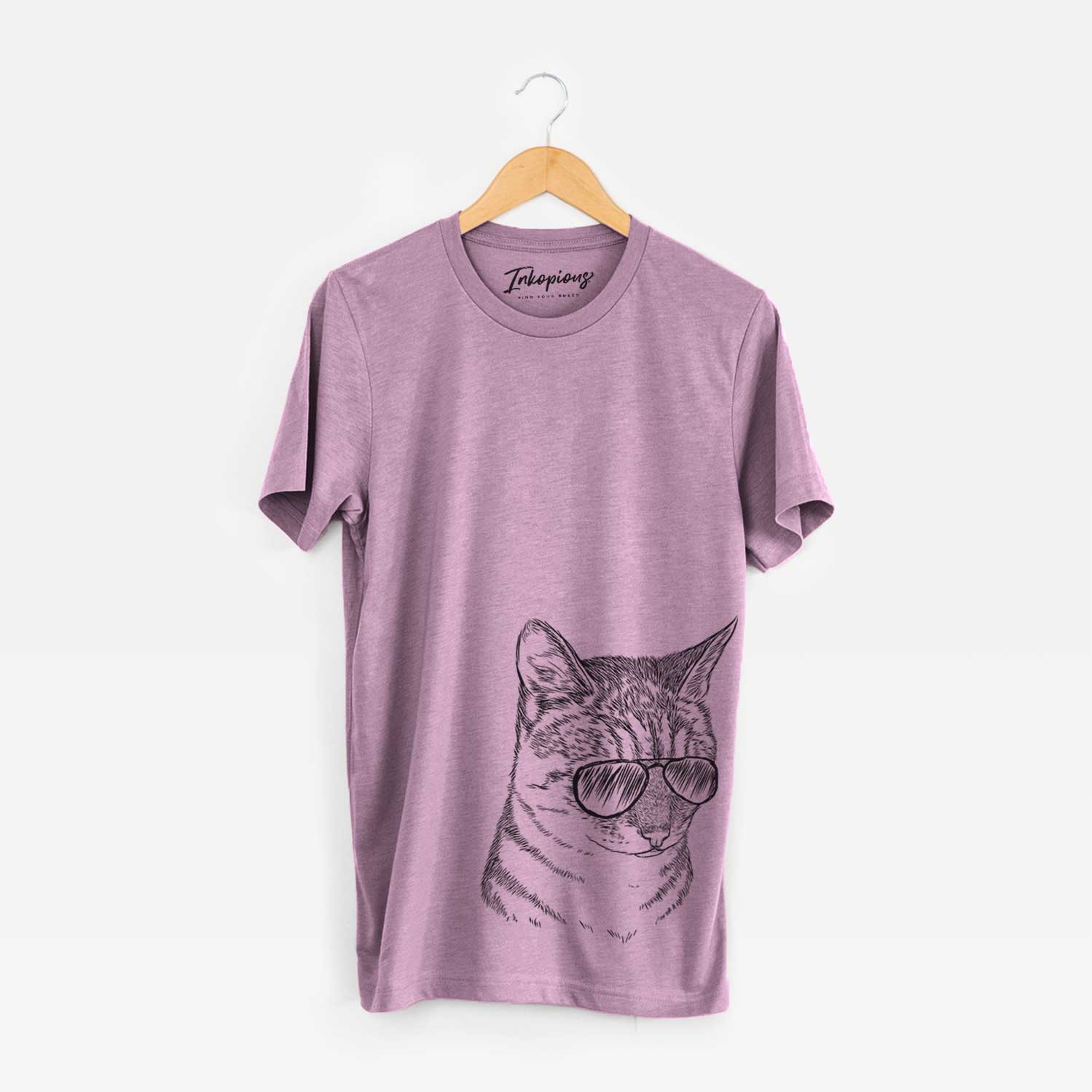 Hand-drawn sketch of Dora the Tabby Cat wearing aviator sunglasses on an Orchid Unisex crewneck