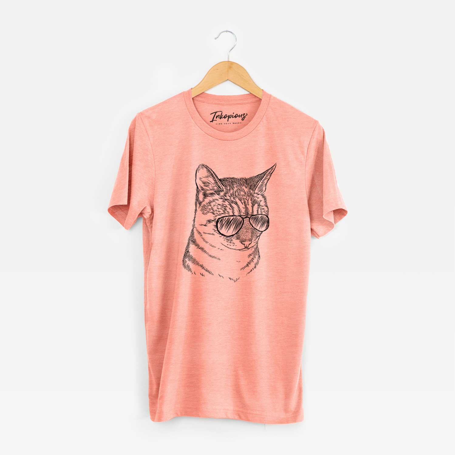 Hand-drawn sketch of Dora the Tabby Cat wearing aviator sunglasses on a Sunset Unisex crewneck