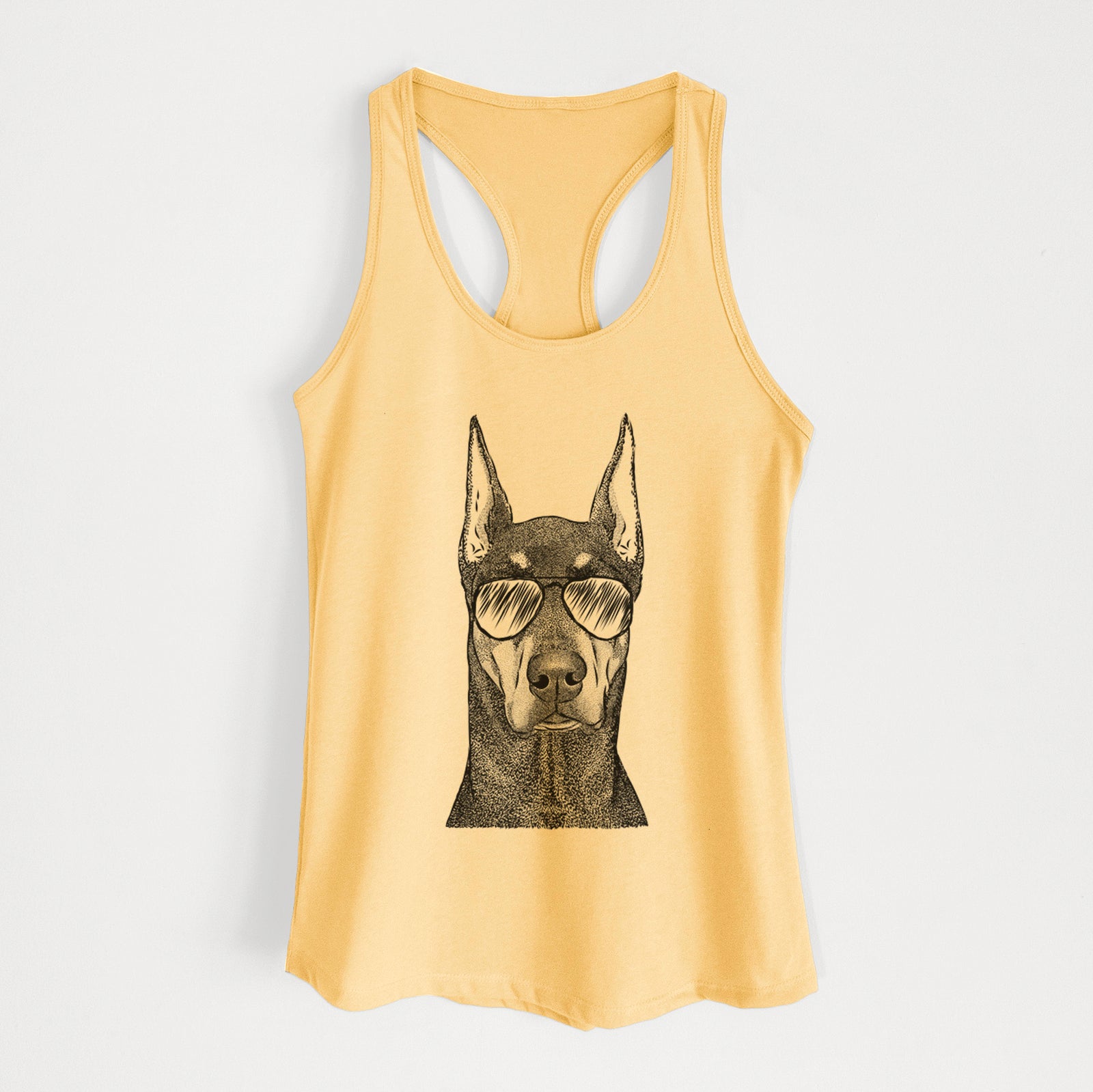 Hand-drawn sketch of Drake the Doberman Pinscher wearing aviator sunglasses on a Banana Cream Women's racerback tanktop
