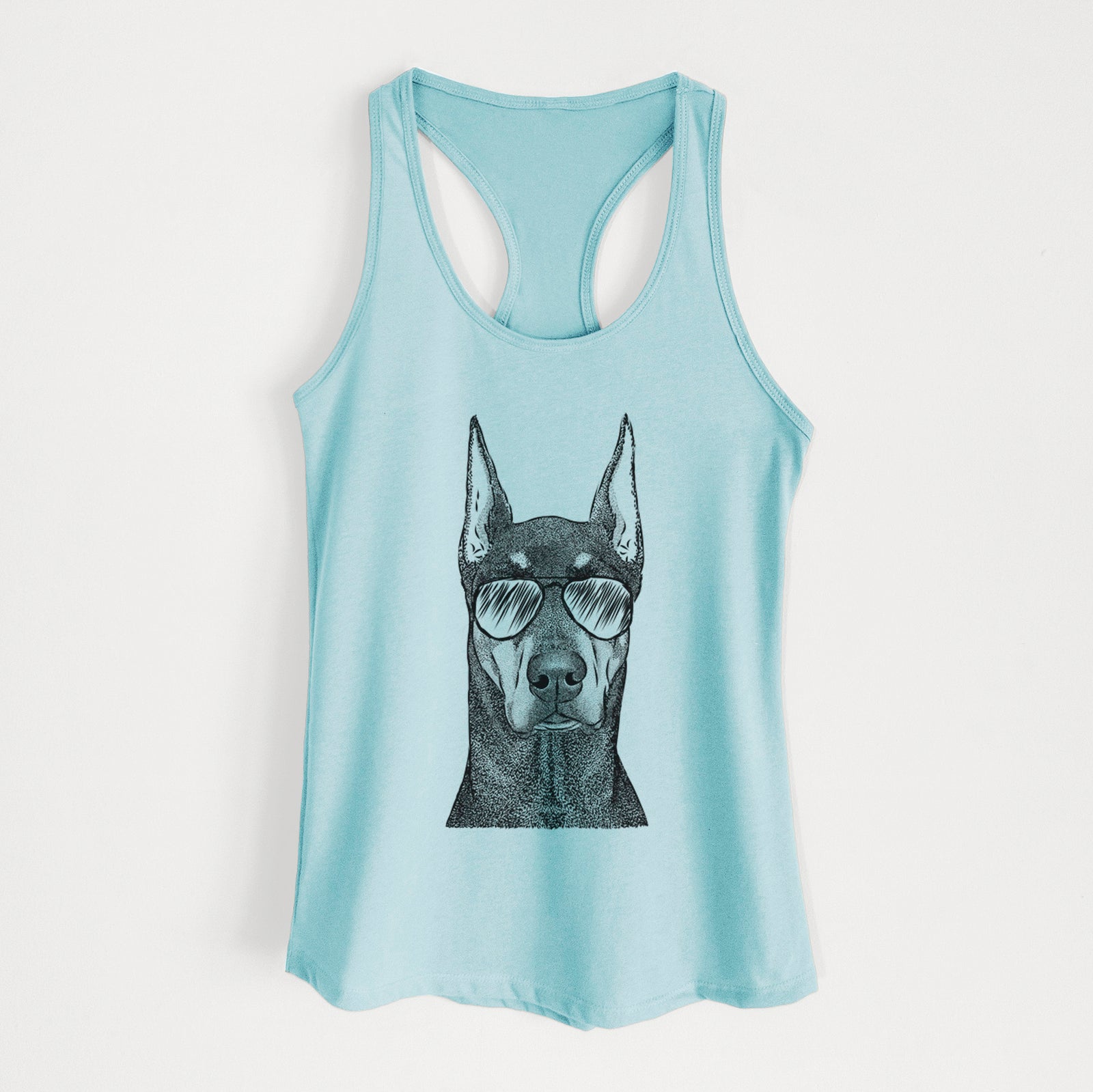 Hand-drawn sketch of Drake the Doberman Pinscher wearing aviator sunglasses on a Cancun Blue Women's racerback tanktop