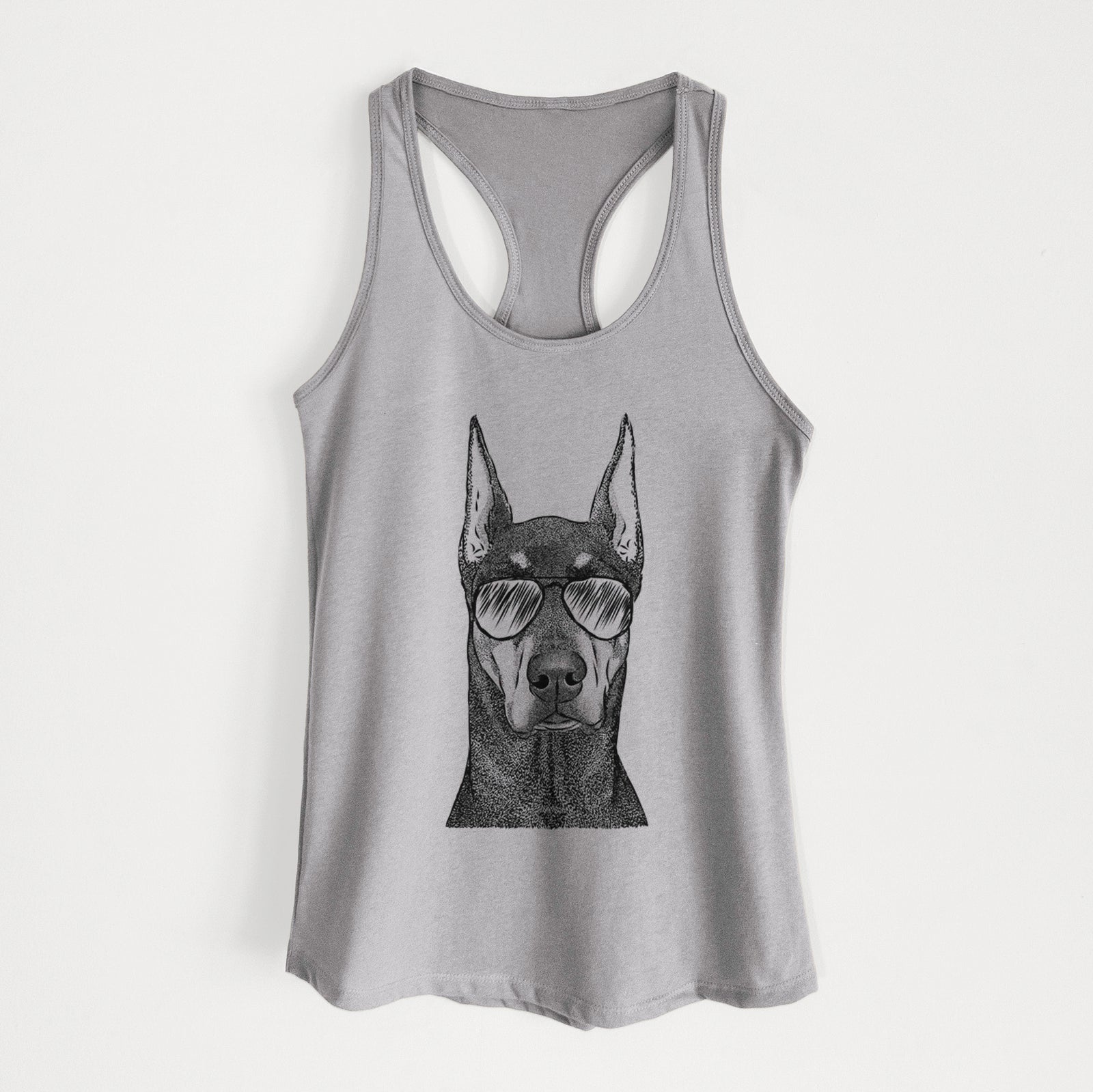 Hand-drawn sketch of Drake the Doberman Pinscher wearing aviator sunglasses on a Heather Grey Women's racerback tanktop
