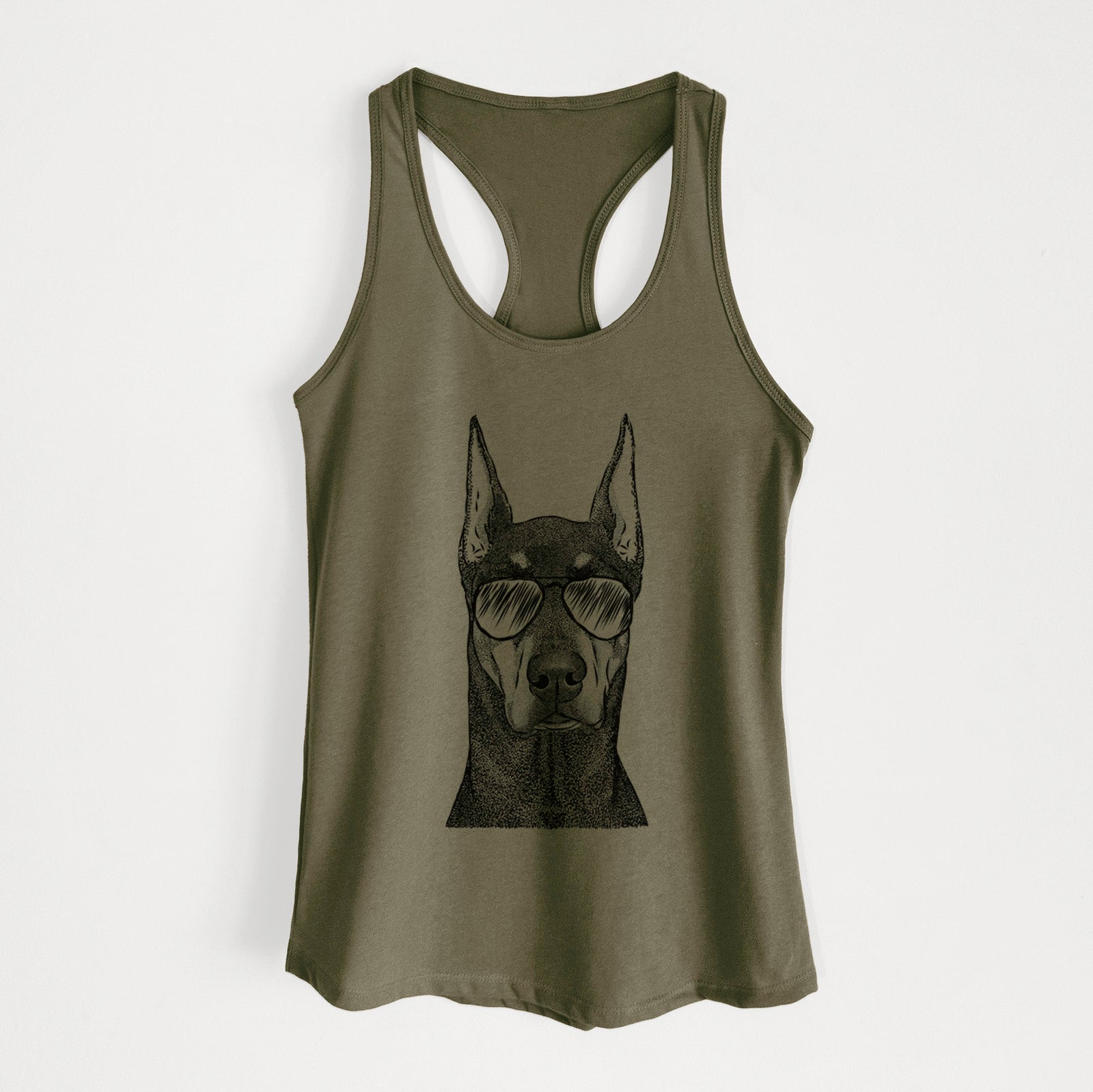 Hand-drawn sketch of Drake the Doberman Pinscher wearing aviator sunglasses on a Military Green Women's racerback tanktop