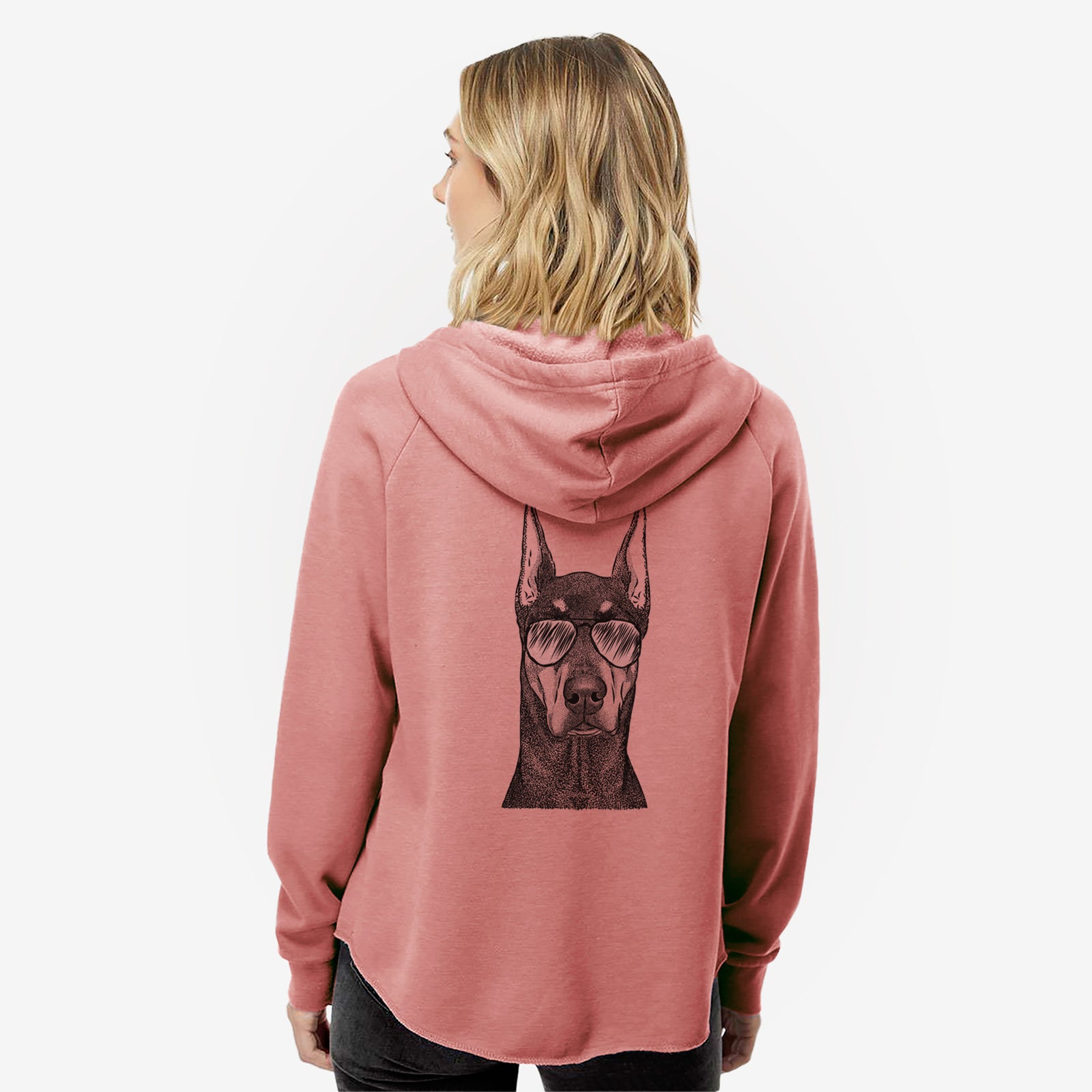 Hand-drawn sketch of Drake the Doberman Pinscher wearing aviator sunglasses on a Dusty Rose Women's cali wave zip-up sweatshirt