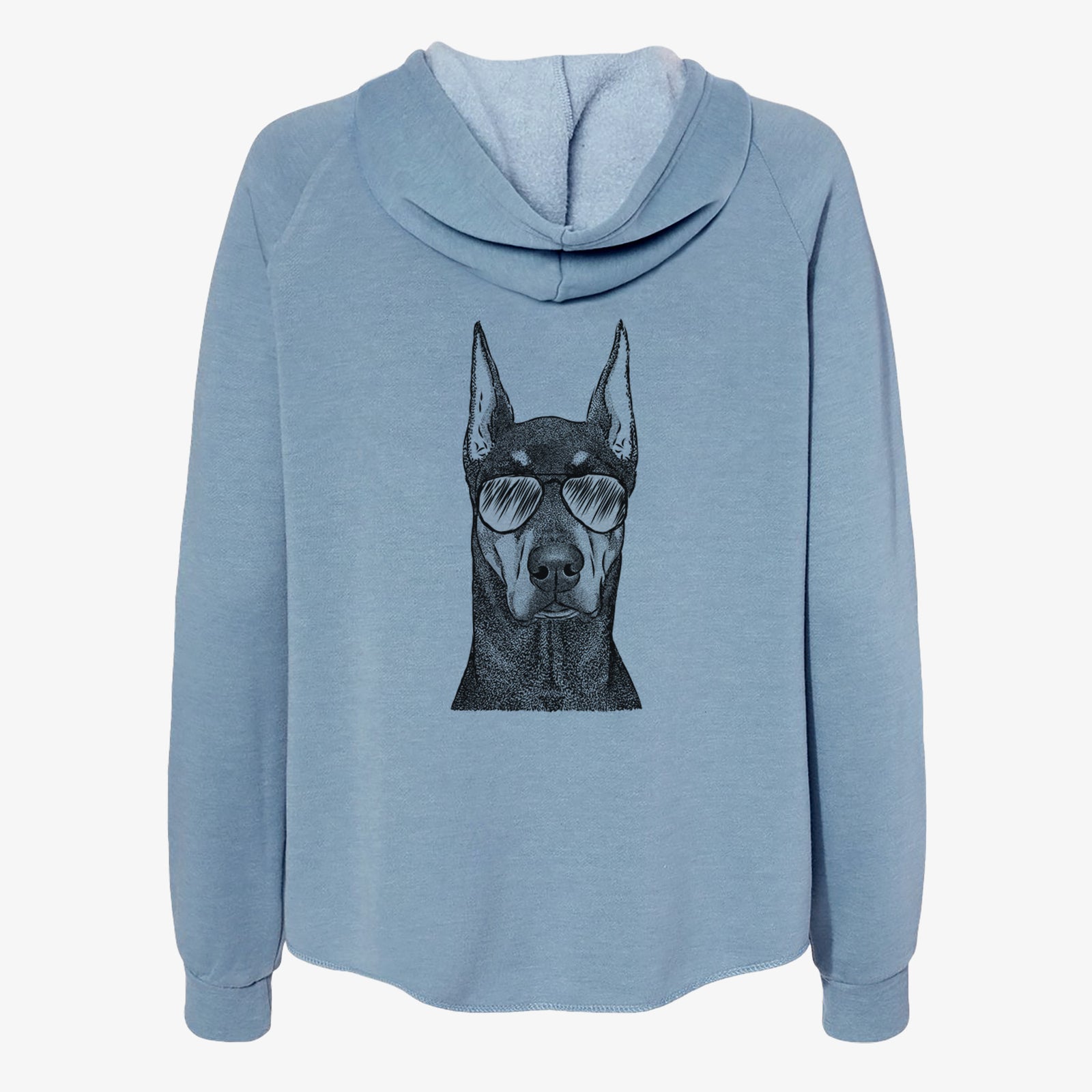 Hand-drawn sketch of Drake the Doberman Pinscher wearing aviator sunglasses on a Misty Blue Women's cali wave zip-up sweatshirt