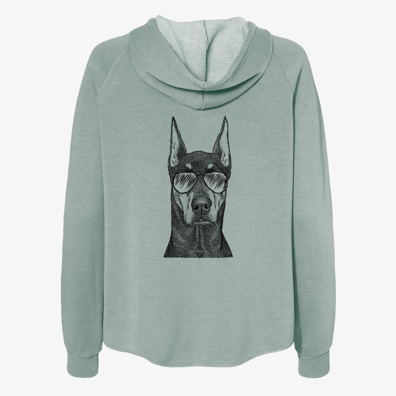 Hand-drawn sketch of Drake the Doberman Pinscher wearing aviator sunglasses on a Sage Women's cali wave zip-up sweatshirt