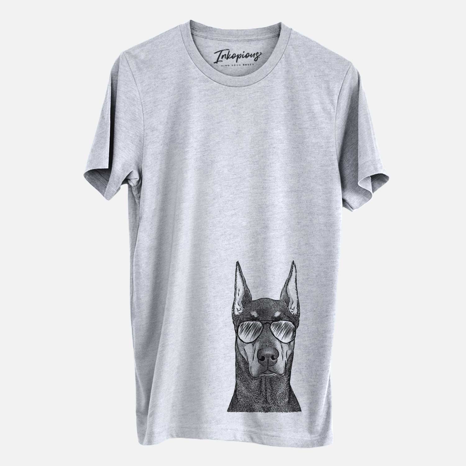 Hand-drawn sketch of Drake the Doberman Pinscher wearing aviator sunglasses on a Grey Unisex crewneck