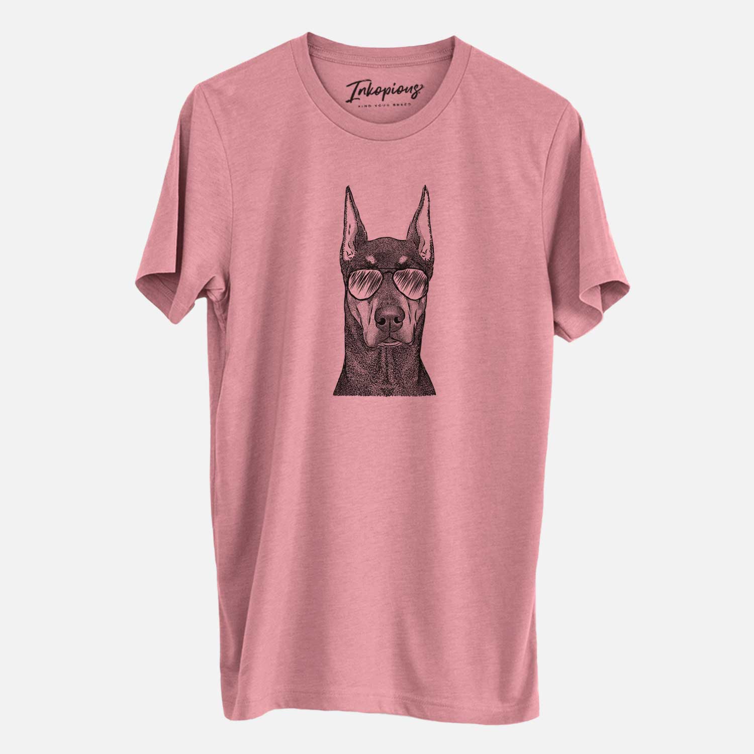 Hand-drawn sketch of Drake the Doberman Pinscher wearing aviator sunglasses on a Mauve Unisex crewneck