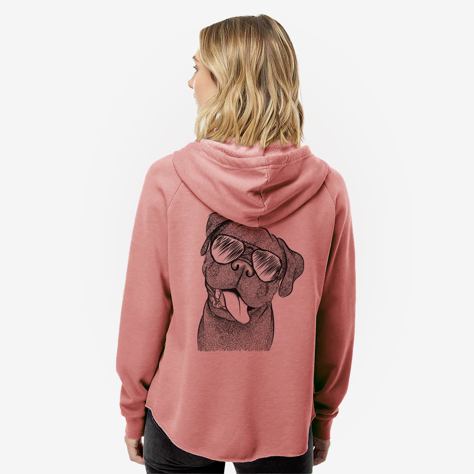 Hand-drawn sketch of Dudley Danger the Pug wearing aviator sunglasses on a Dusty Rose Women's cali wave zip-up sweatshirt