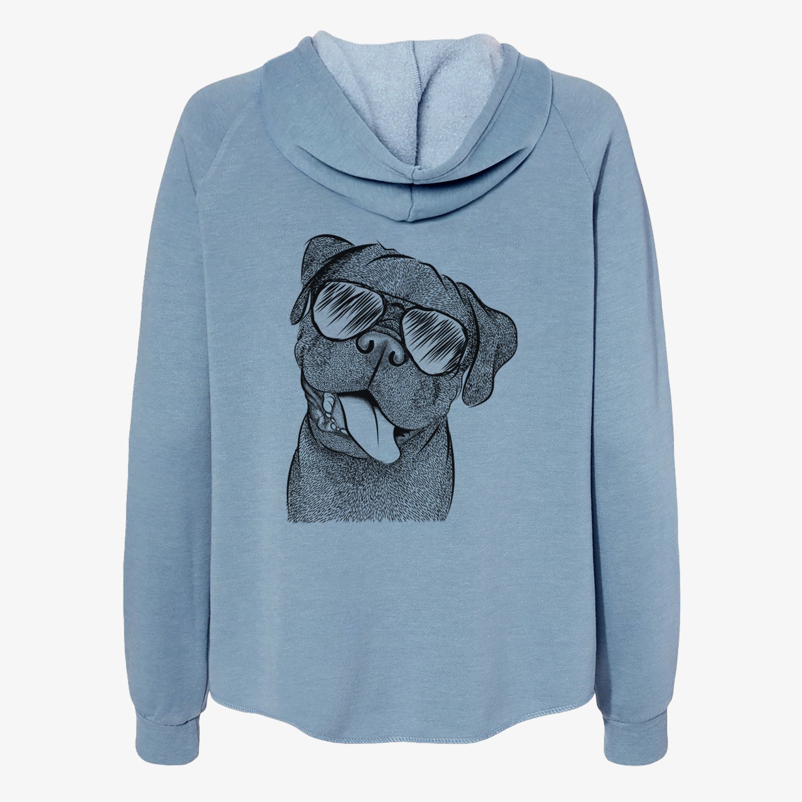 Hand-drawn sketch of Dudley Danger the Pug wearing aviator sunglasses on a Misty Blue Women's cali wave zip-up sweatshirt