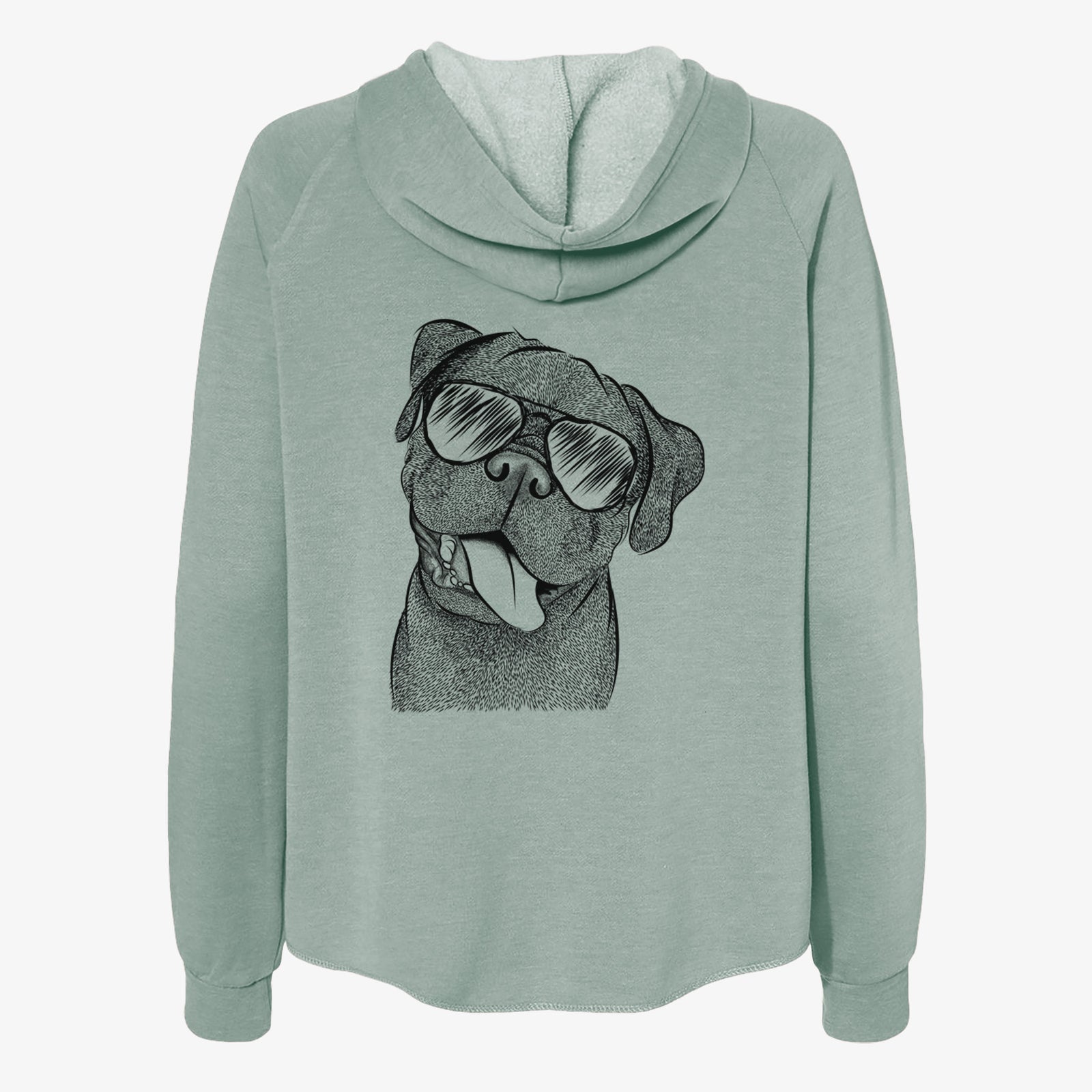 Hand-drawn sketch of Dudley Danger the Pug wearing aviator sunglasses on a Sage Women's cali wave zip-up sweatshirt