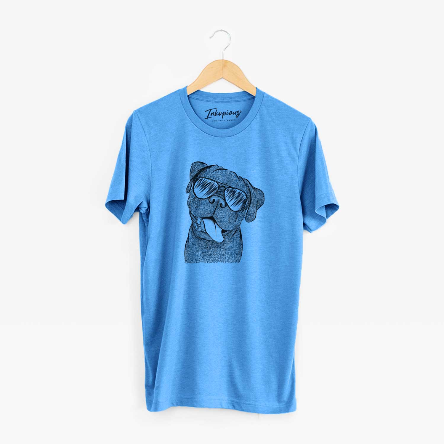 Hand-drawn sketch of Dudley Danger the Pug wearing aviator sunglasses on a Blue Unisex crewneck