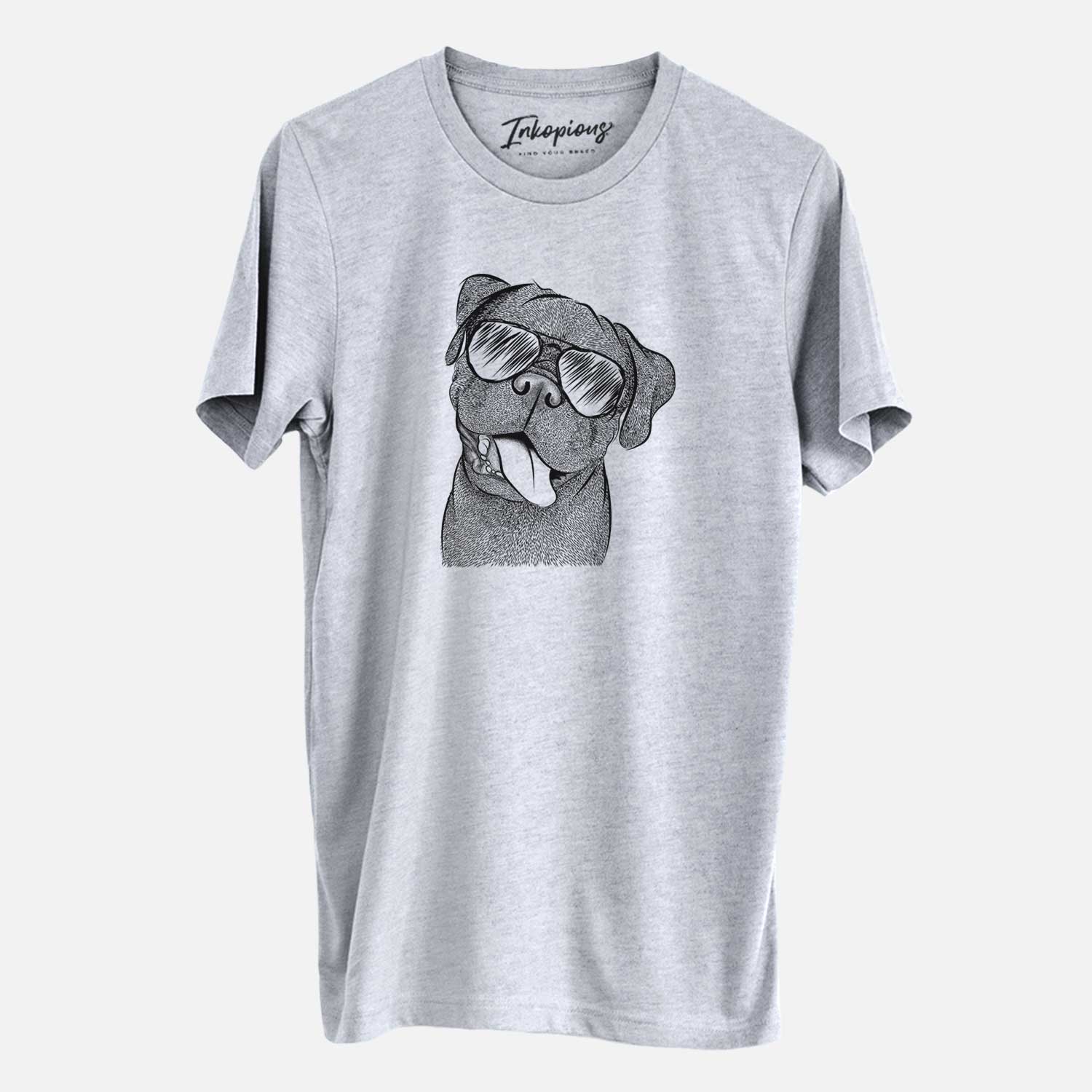 Hand-drawn sketch of Dudley Danger the Pug wearing aviator sunglasses on a Grey Unisex crewneck