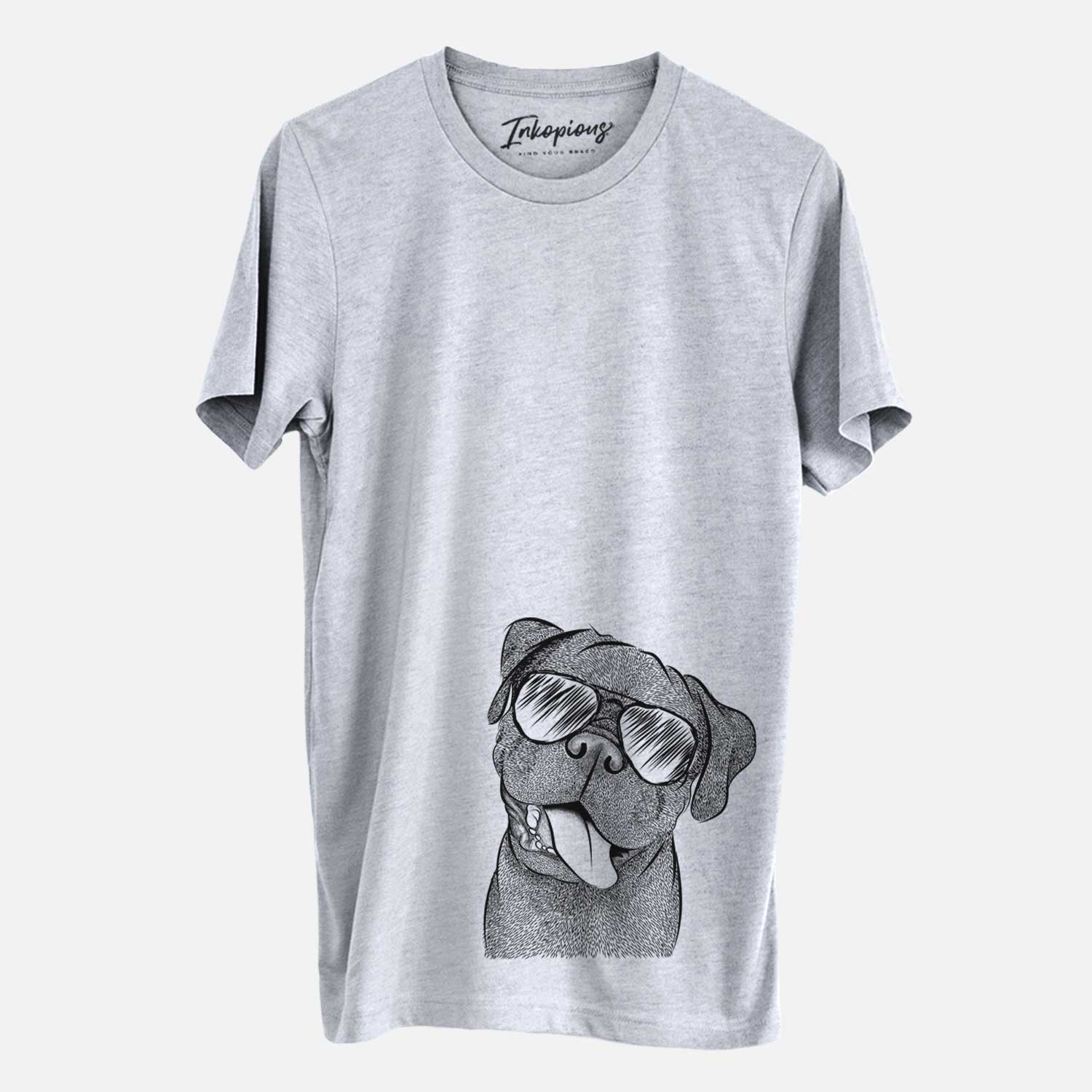 Hand-drawn sketch of Dudley Danger the Pug wearing aviator sunglasses on a Grey Unisex crewneck