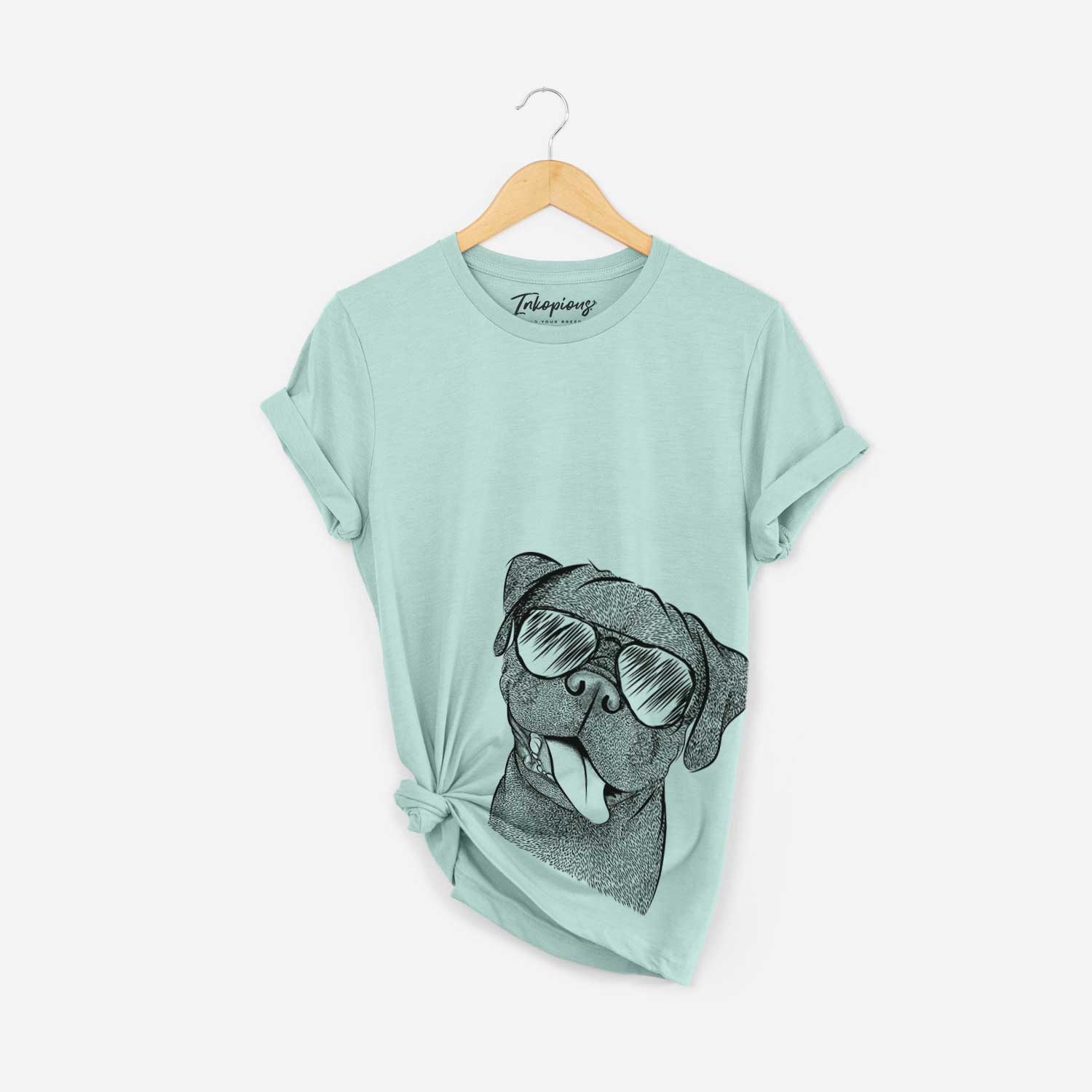 Hand-drawn sketch of Dudley Danger the Pug wearing aviator sunglasses on a Heather Sage Bella Canvas Unisex Crewneck