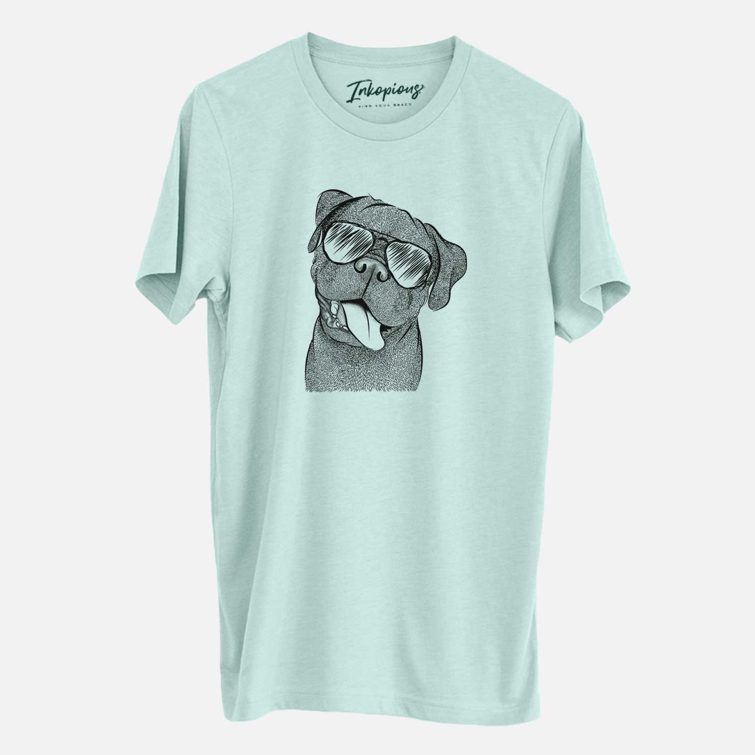 Hand-drawn sketch of Dudley Danger the Pug wearing aviator sunglasses on a Heather Sage Unisex crewneck