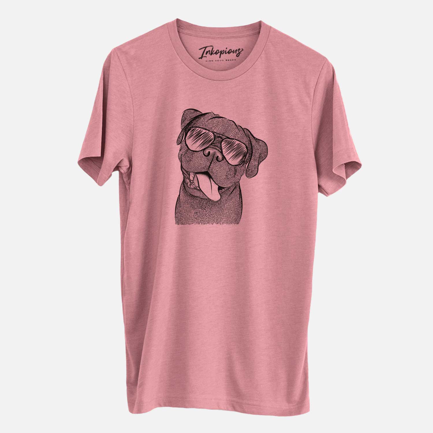Hand-drawn sketch of Dudley Danger the Pug wearing aviator sunglasses on a Mauve Unisex crewneck