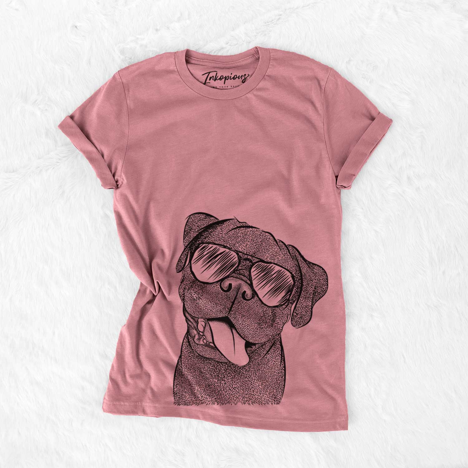 Hand-drawn sketch of Dudley Danger the Pug wearing aviator sunglasses on a Mauve Bella Canvas Unisex Crewneck