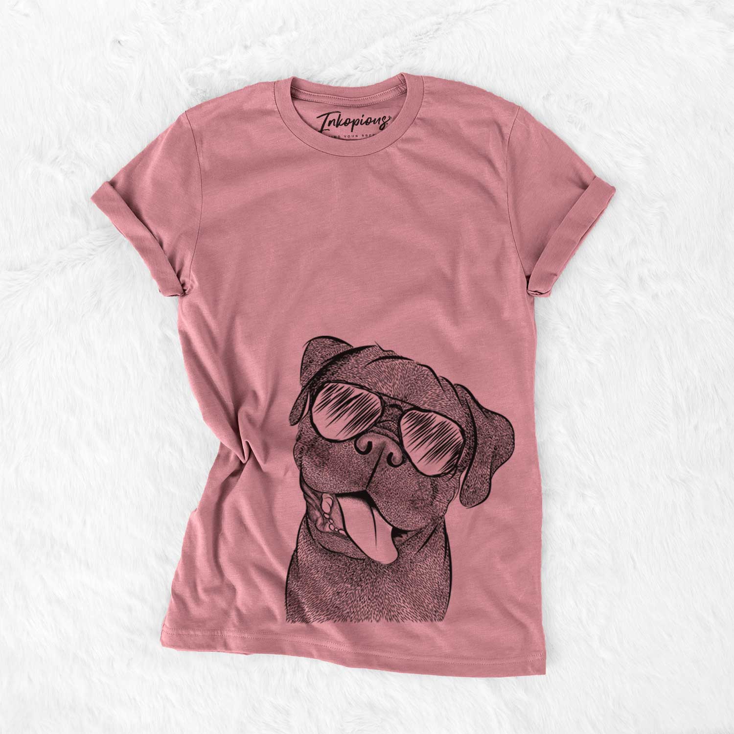 Hand-drawn sketch of Dudley Danger the Pug wearing aviator sunglasses on a Mauve Unisex crewneck