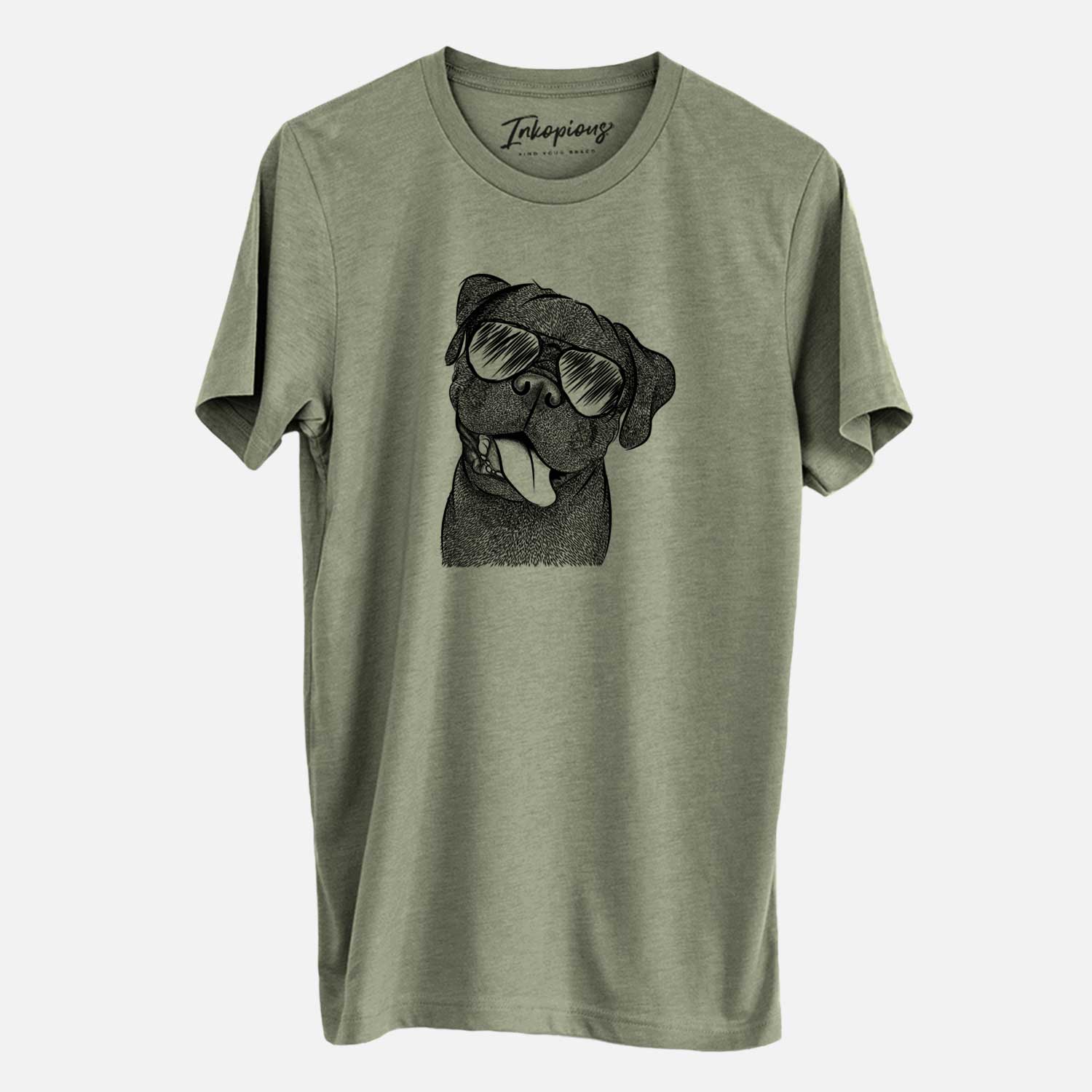 Hand-drawn sketch of Dudley Danger the Pug wearing aviator sunglasses on an Olive Unisex crewneck