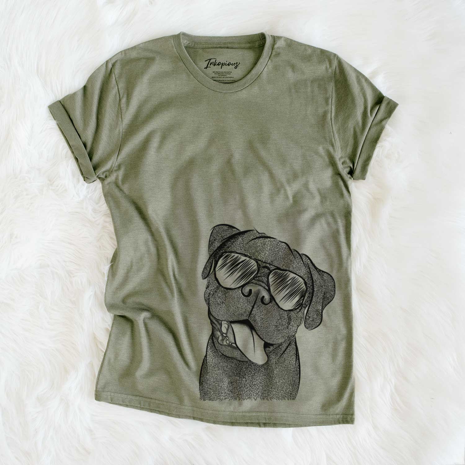 Hand-drawn sketch of Dudley Danger the Pug wearing aviator sunglasses on an Olive Unisex crewneck