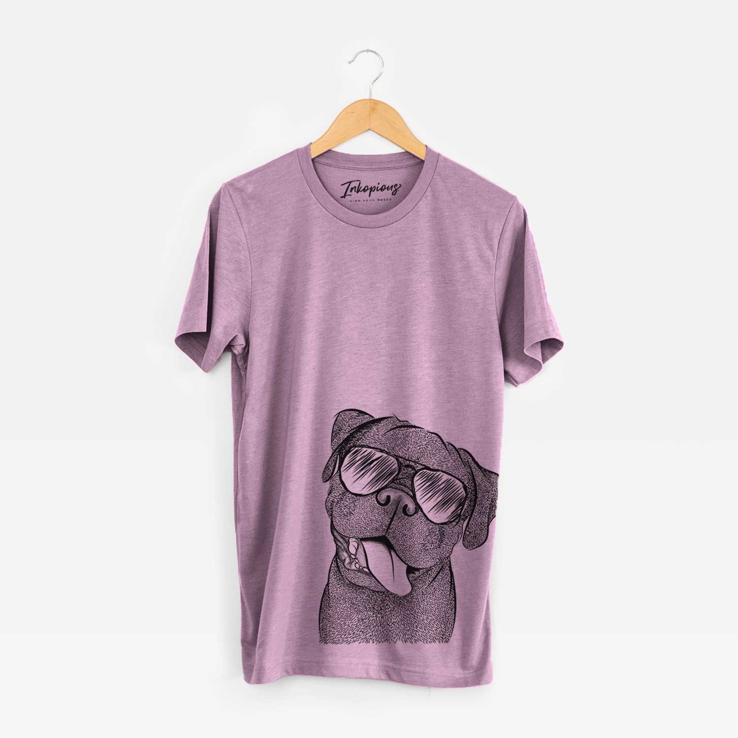 Hand-drawn sketch of Dudley Danger the Pug wearing aviator sunglasses on an Orchid Bella Canvas Unisex Crewneck