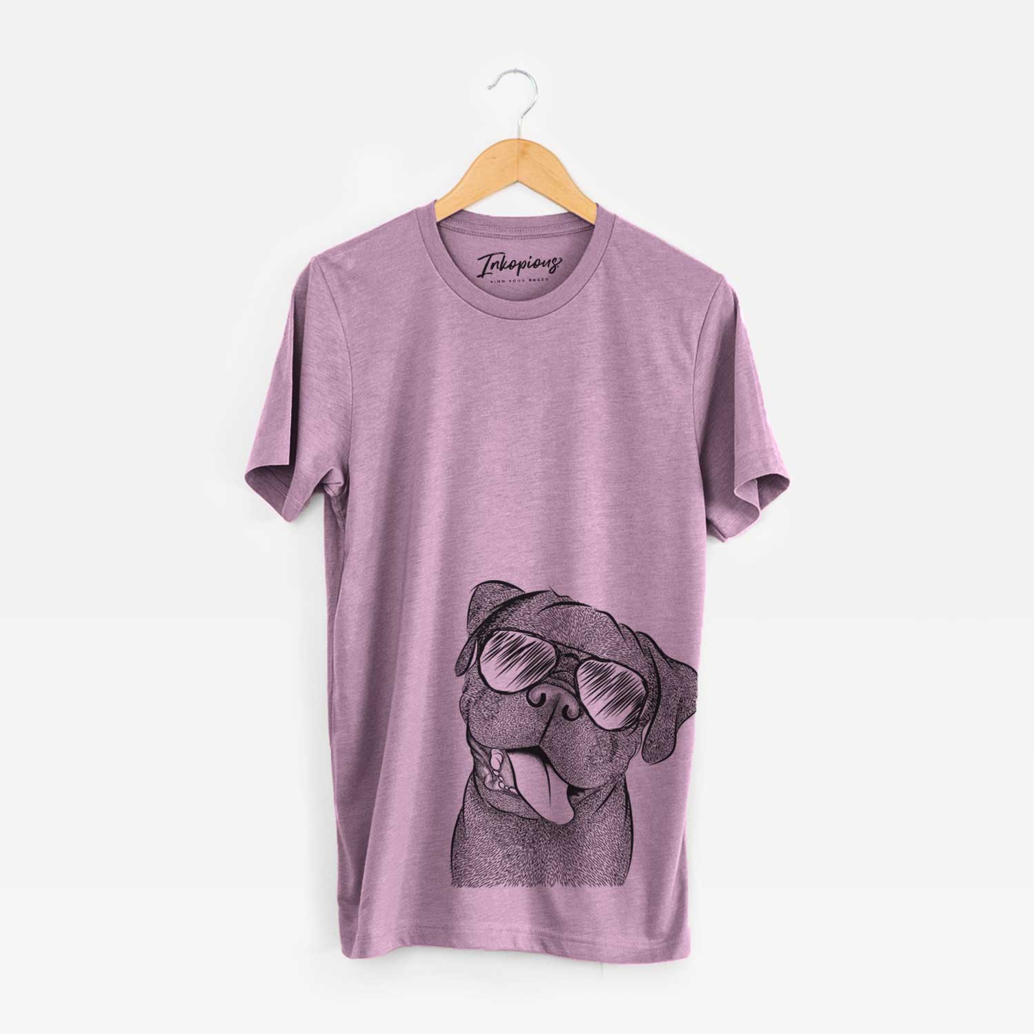 Hand-drawn sketch of Dudley Danger the Pug wearing aviator sunglasses on an Orchid Unisex crewneck