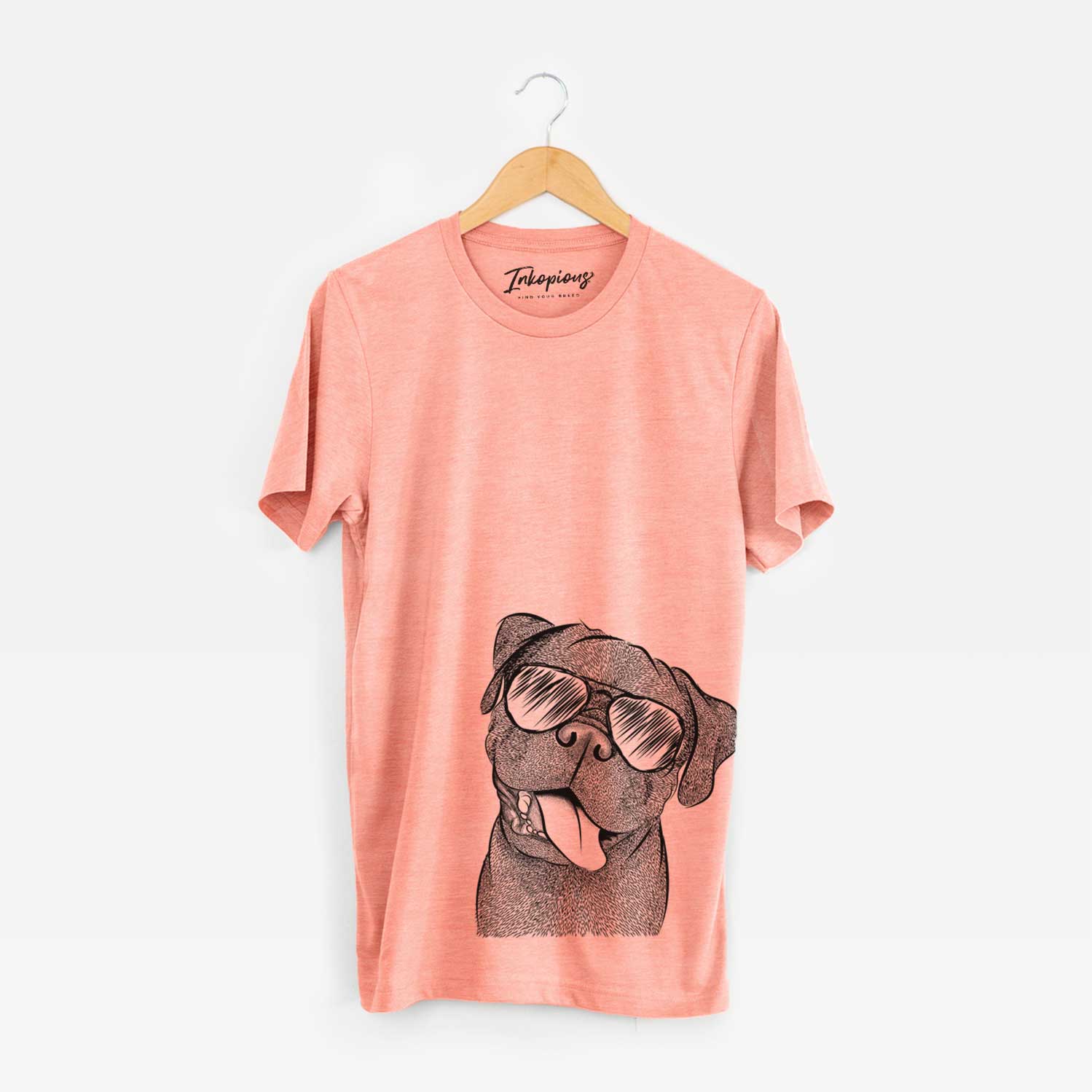 Hand-drawn sketch of Dudley Danger the Pug wearing aviator sunglasses on a Sunset Unisex crewneck