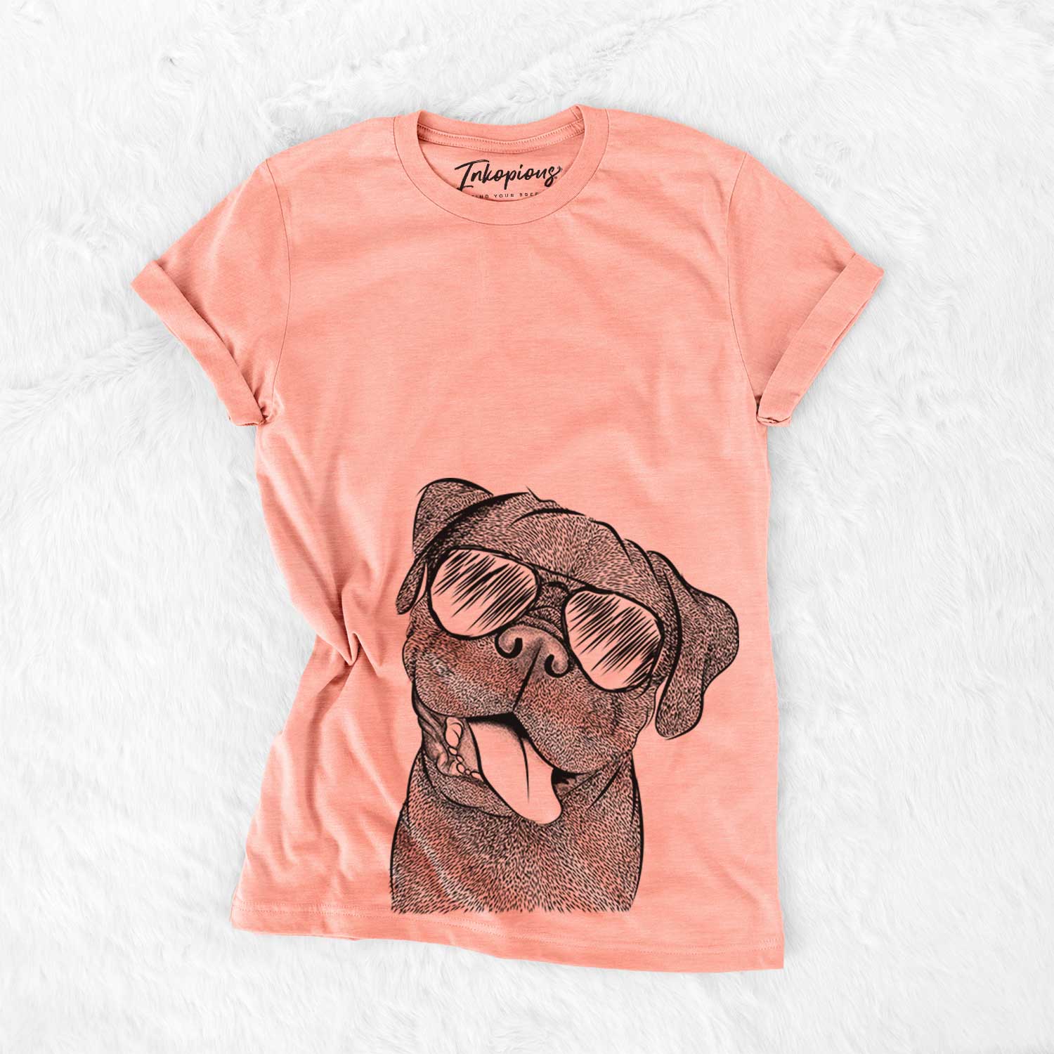 Hand-drawn sketch of Dudley Danger the Pug wearing aviator sunglasses on a Sunset Bella Canvas Unisex Crewneck