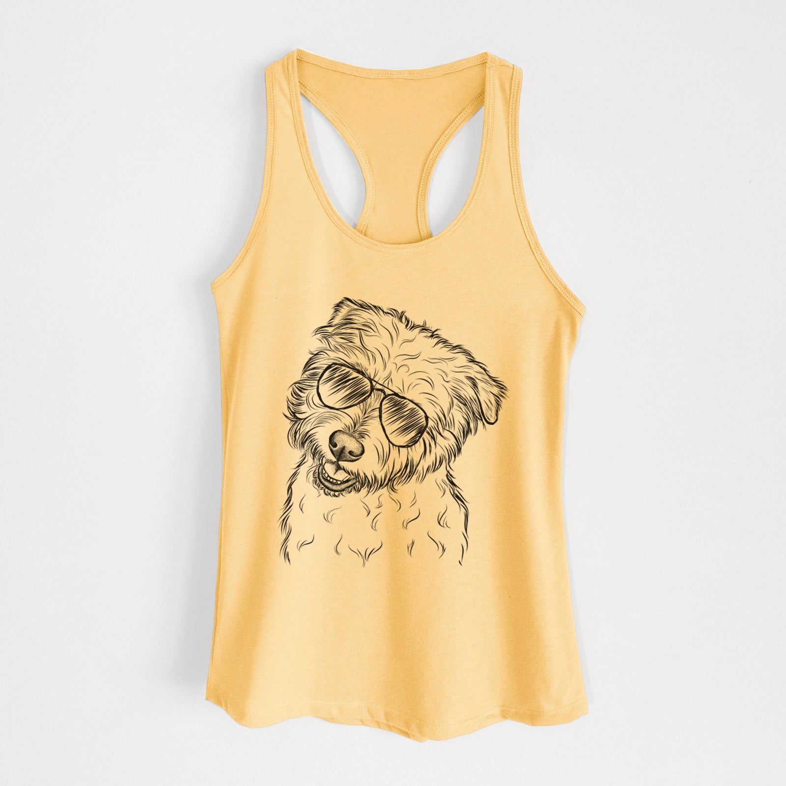 Hand-drawn sketch of Duffy the Glen of Imaal Terrier wearing aviator sunglasses on a Banana Cream Women's racerback tanktop