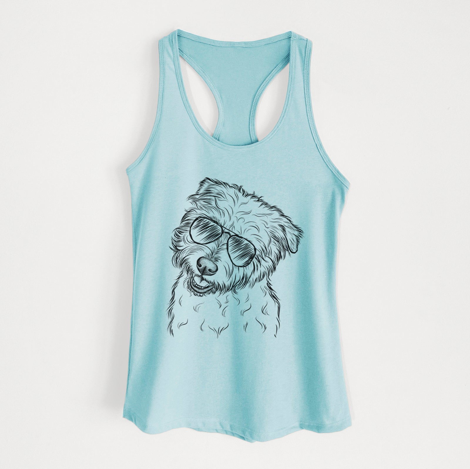 Hand-drawn sketch of Duffy the Glen of Imaal Terrier wearing aviator sunglasses on a Cancun Blue Women's racerback tanktop
