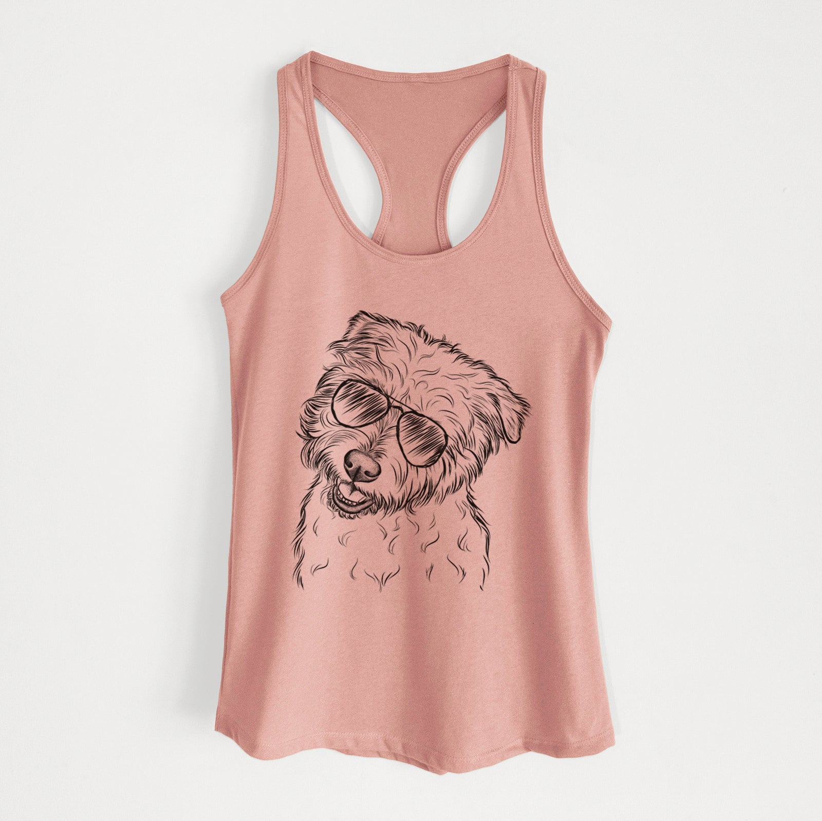 Hand-drawn sketch of Duffy the Glen of Imaal Terrier wearing aviator sunglasses on a Desert Pink Women's racerback tanktop