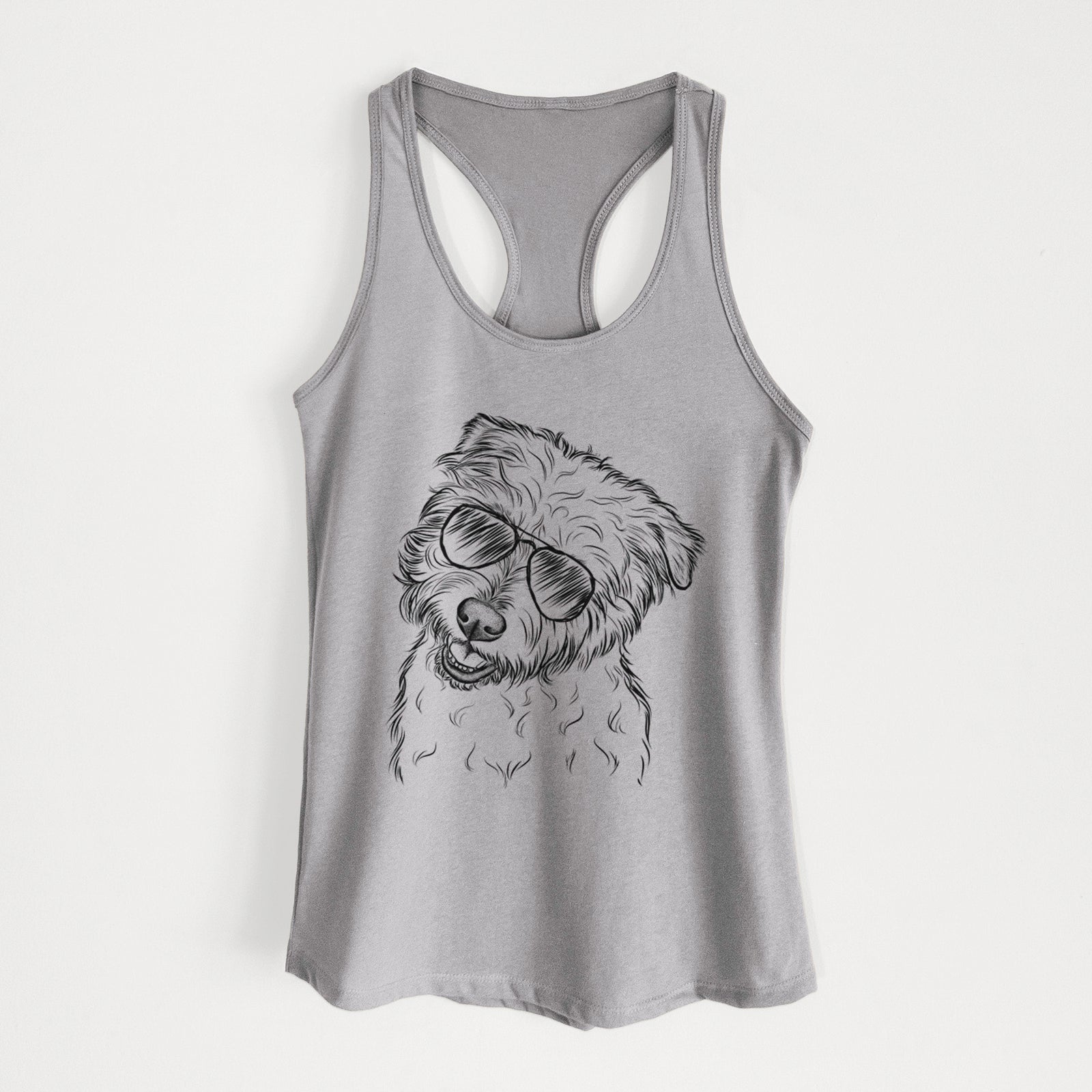 Hand-drawn sketch of Duffy the Glen of Imaal Terrier wearing aviator sunglasses on a Heather Grey Women's racerback tanktop