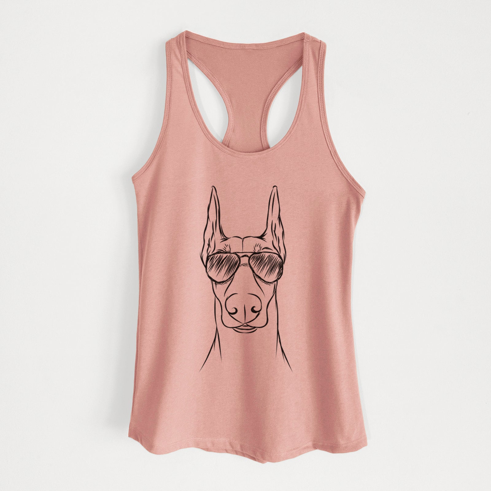Hand-drawn sketch of Duke the Doberman Pinscher wearing aviator sunglasses on a Desert Pink Women's racerback tanktop