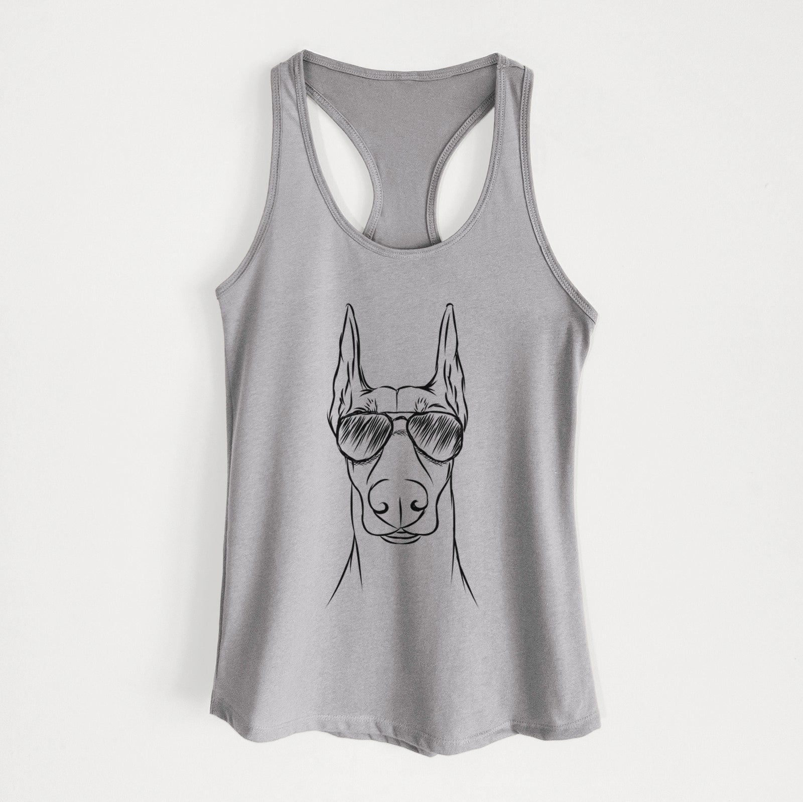 Hand-drawn sketch of Duke the Doberman Pinscher wearing aviator sunglasses on a Heather Grey Women's racerback tanktop
