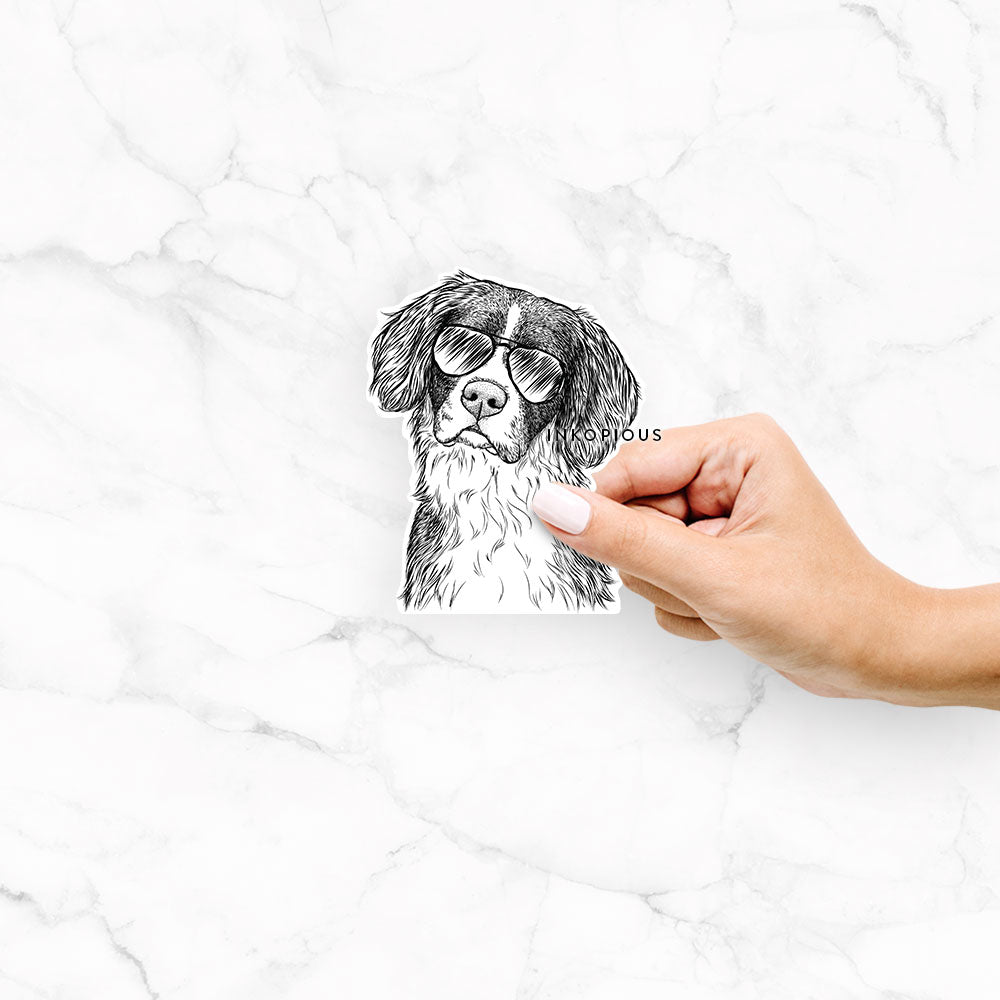 Hand-drawn sketch of Dulce the Drentsche Patrijshond wearing aviator sunglasses on a decal sticker