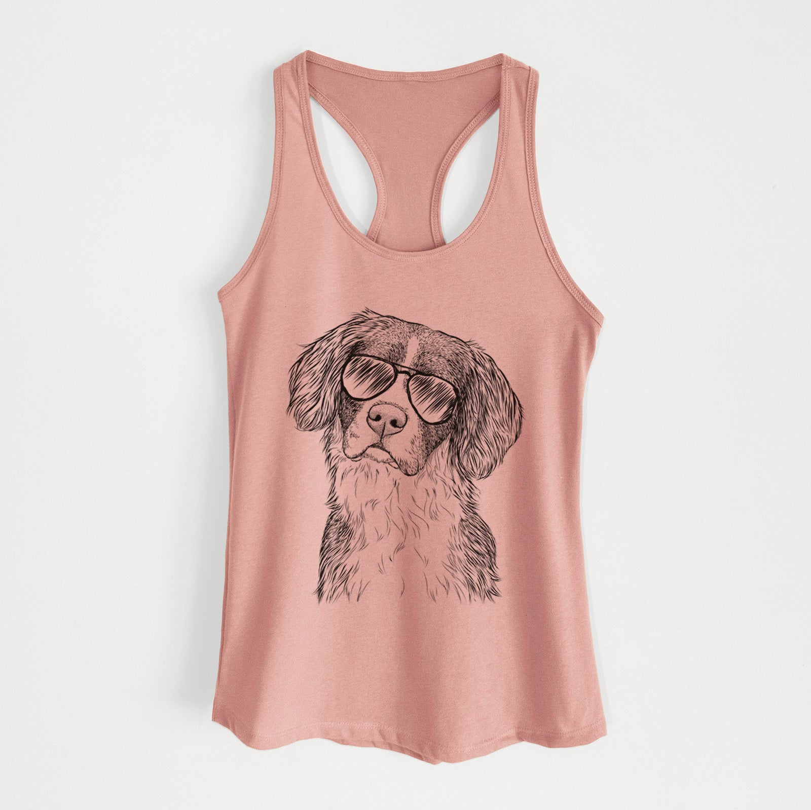 Hand-drawn sketch of Dulce the Drentsche Patrijshond wearing aviator sunglasses on a Desert Pink Women's racerback tanktop