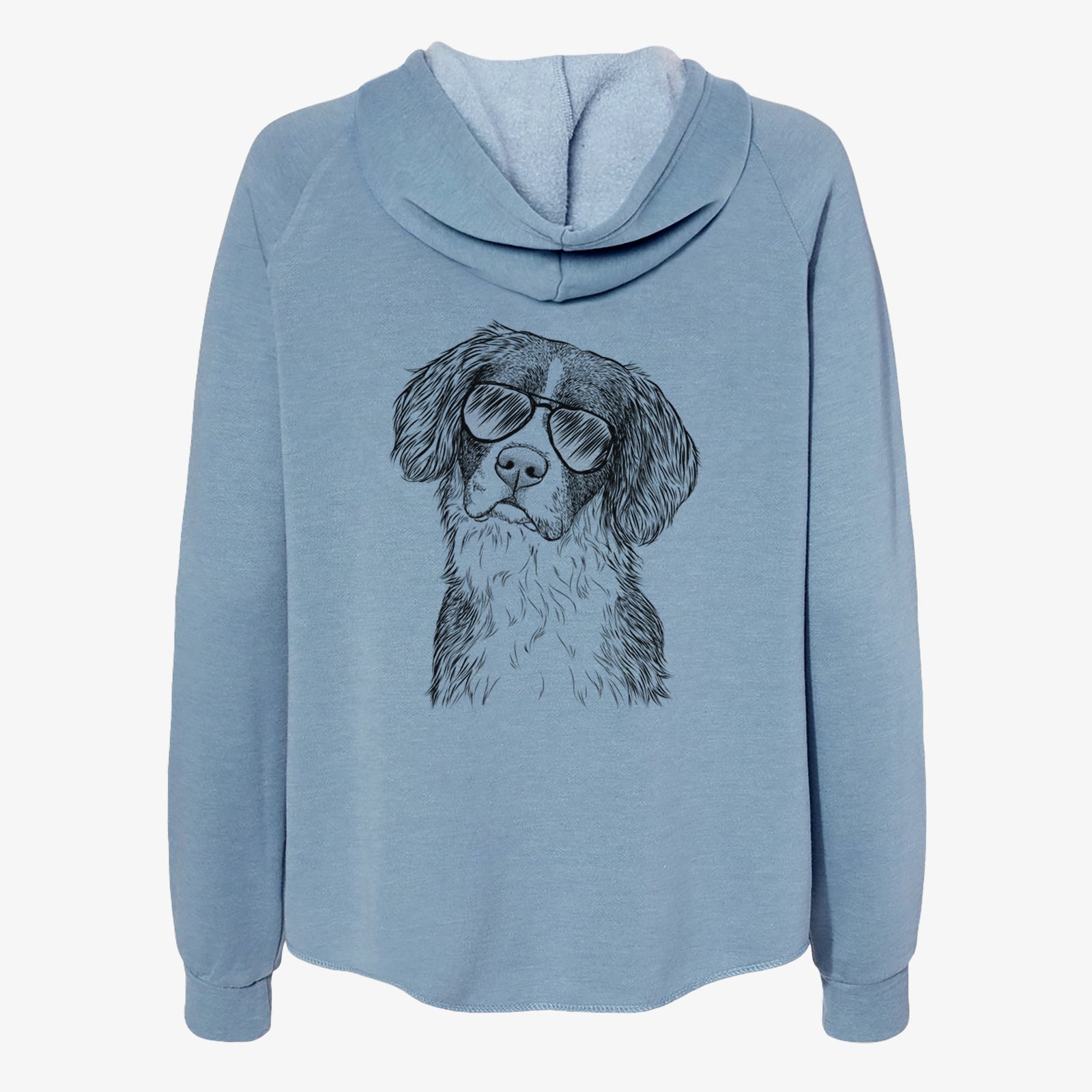 Hand-drawn sketch of Dulce the Drentsche Patrijshond wearing aviator sunglasses on a Misty Blue Women's cali wave zip-up sweatshirt