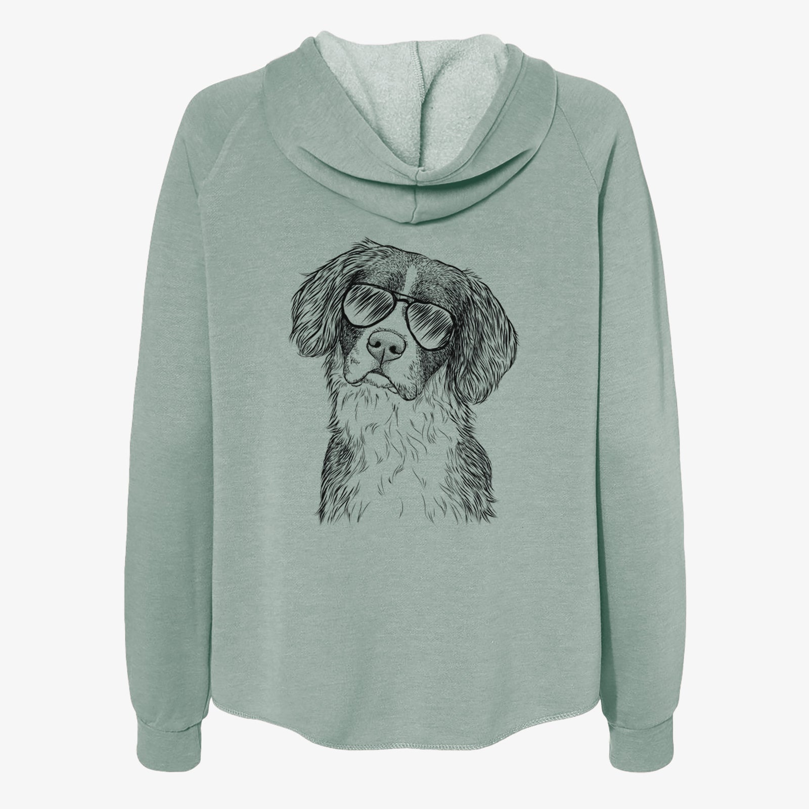 Hand-drawn sketch of Dulce the Drentsche Patrijshond wearing aviator sunglasses on a Sage Women's cali wave zip-up sweatshirt
