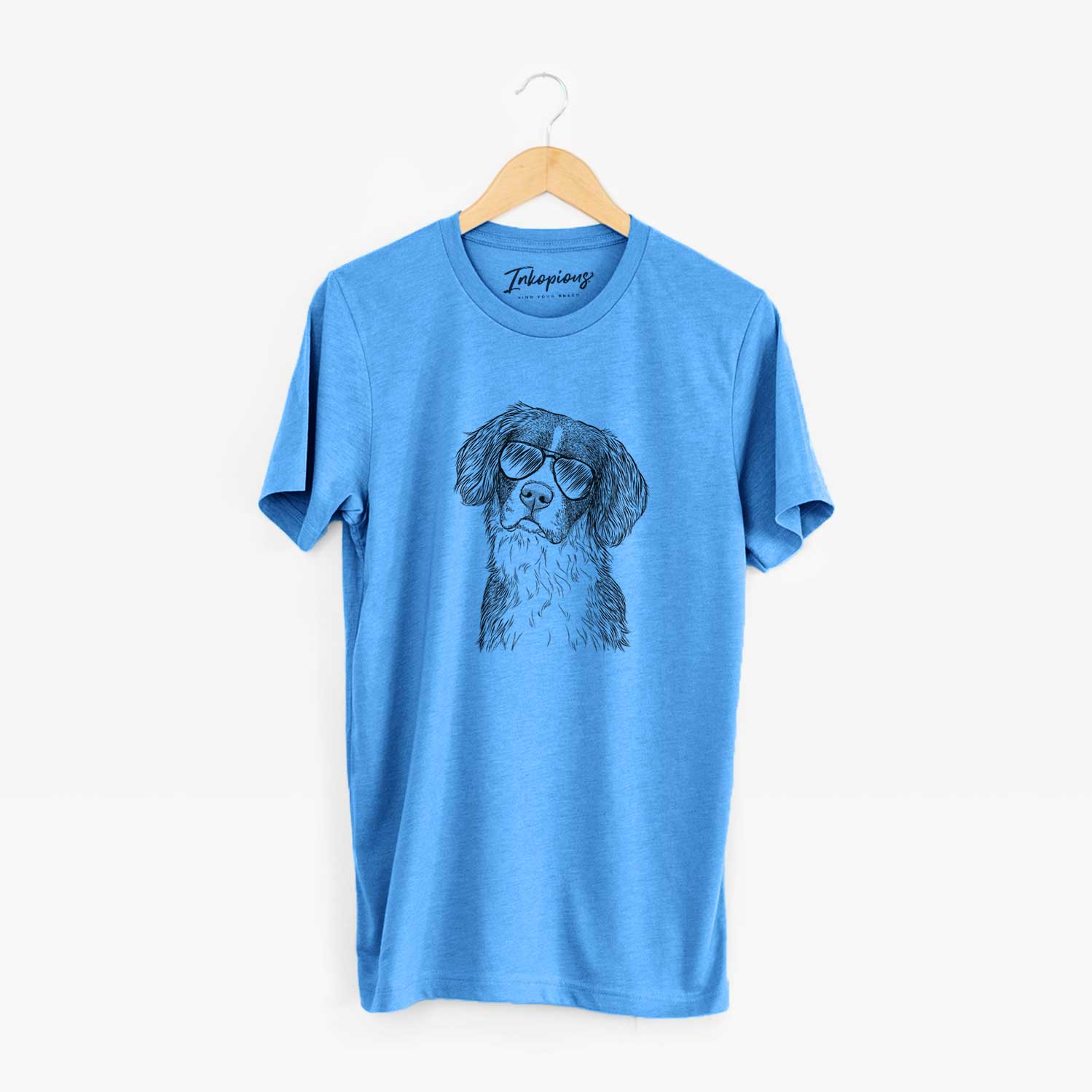 Hand-drawn sketch of Dulce the Drentsche Patrijshond wearing aviator sunglasses on a Blue Unisex crewneck
