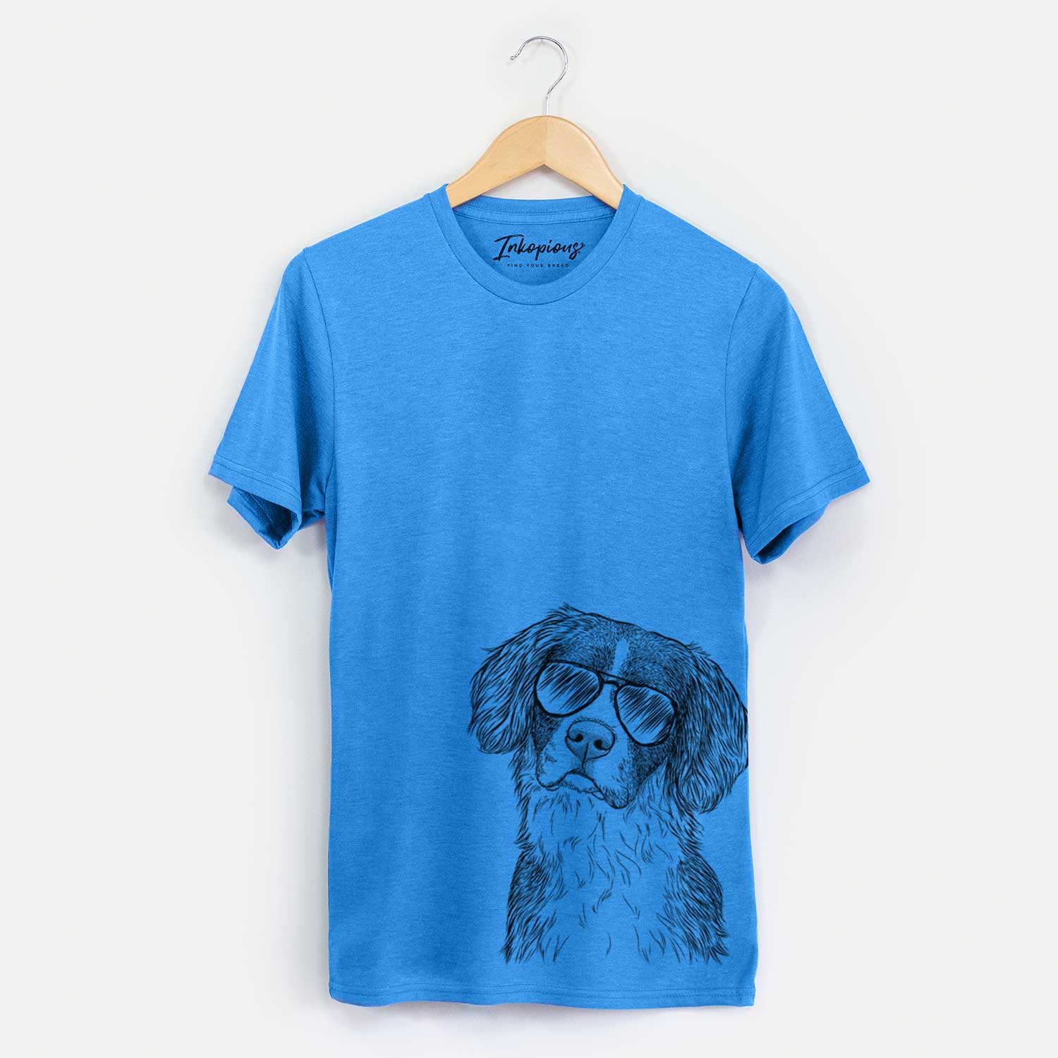 Hand-drawn sketch of Dulce the Drentsche Patrijshond wearing aviator sunglasses on a Blue Unisex crewneck