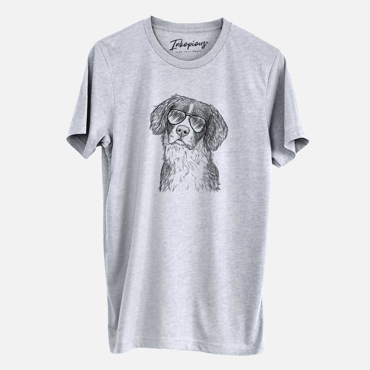 Hand-drawn sketch of Dulce the Drentsche Patrijshond wearing aviator sunglasses on a Grey Unisex crewneck
