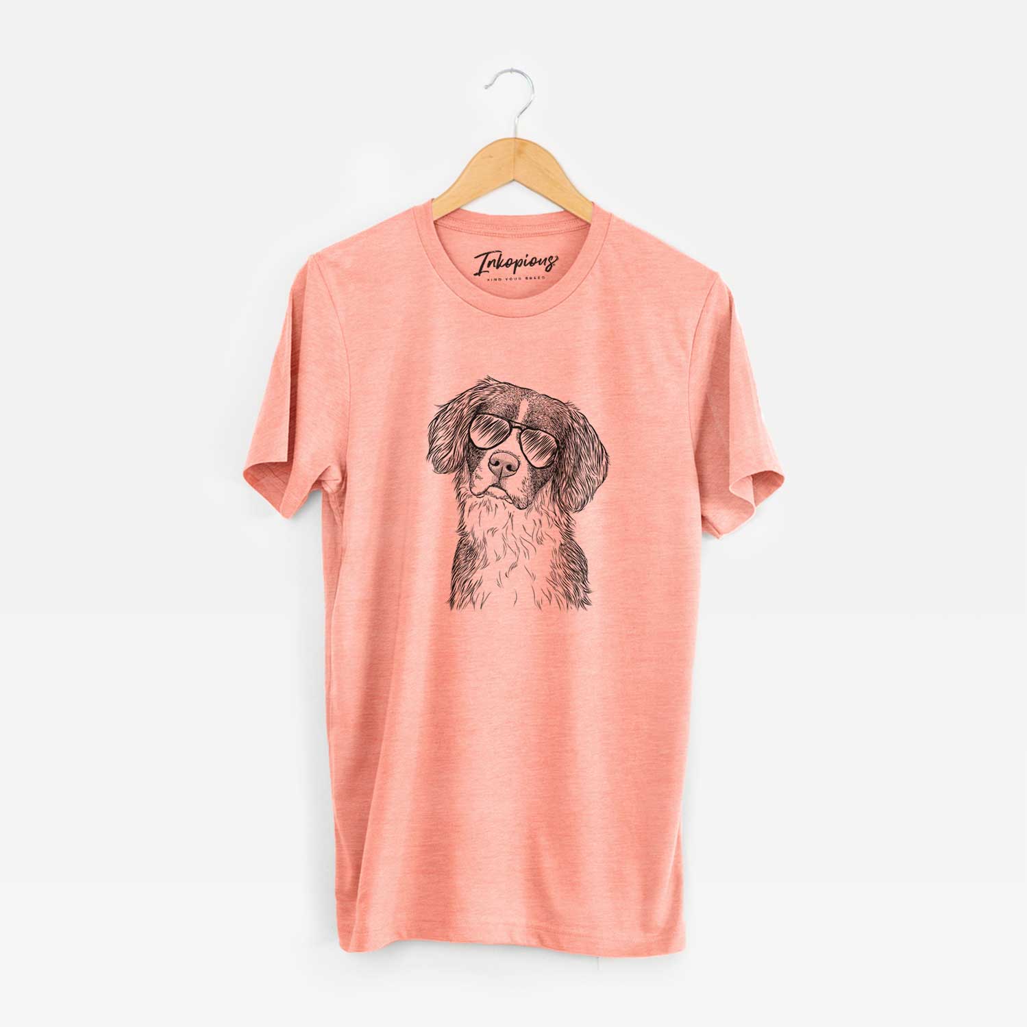 Hand-drawn sketch of Dulce the Drentsche Patrijshond wearing aviator sunglasses on a Sunset Unisex crewneck