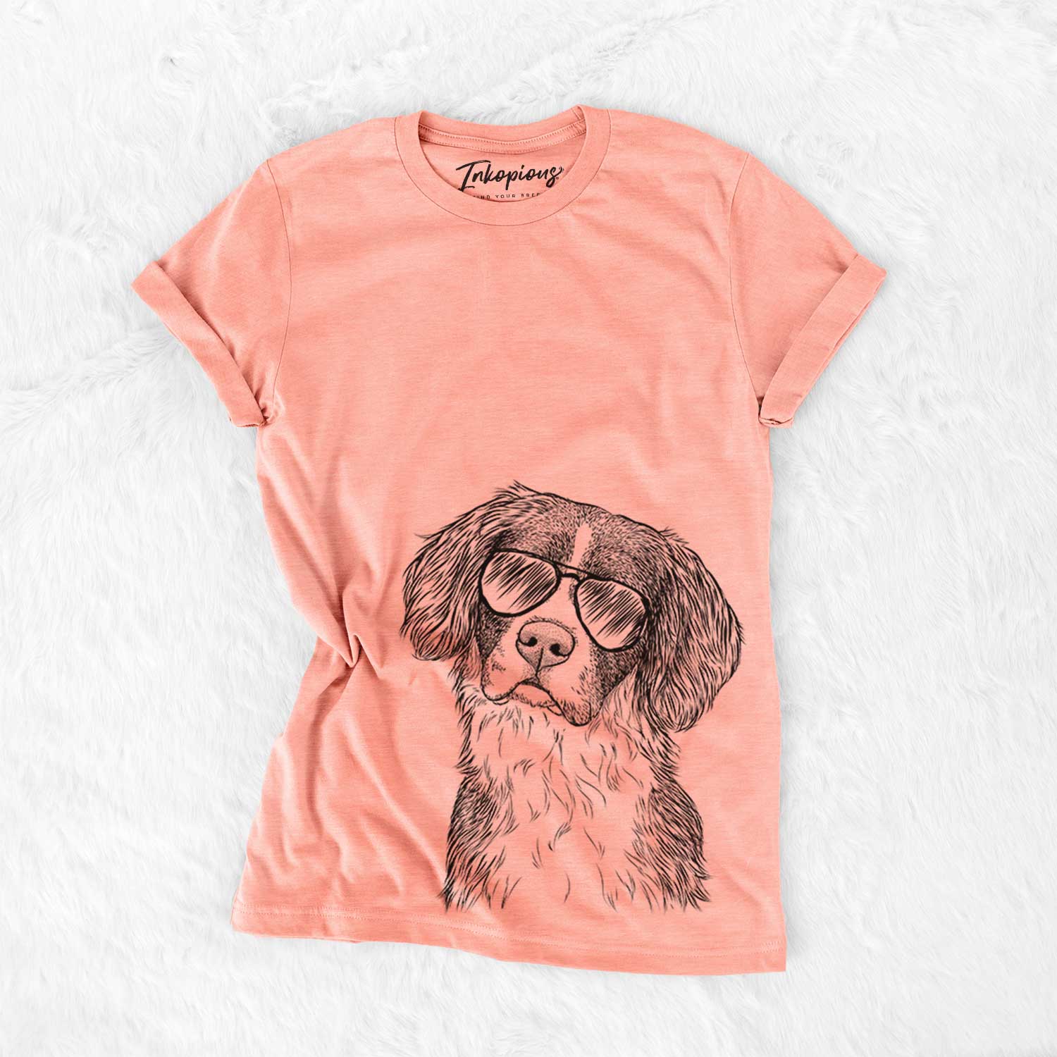 Hand-drawn sketch of Dulce the Drentsche Patrijshond wearing aviator sunglasses on a Sunset Bella Canvas Unisex Crewneck