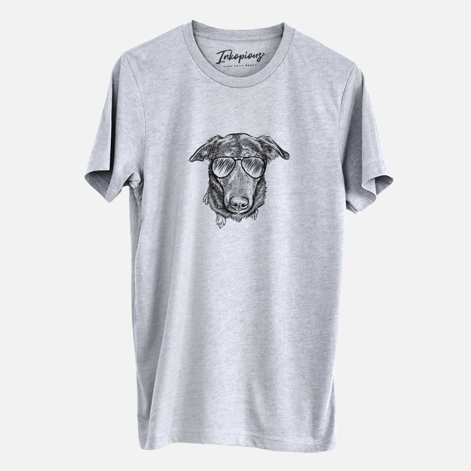 Hand-drawn sketch of Echo the Pitbull Beagle Mix wearing aviator sunglasses on a Grey Unisex crewneck