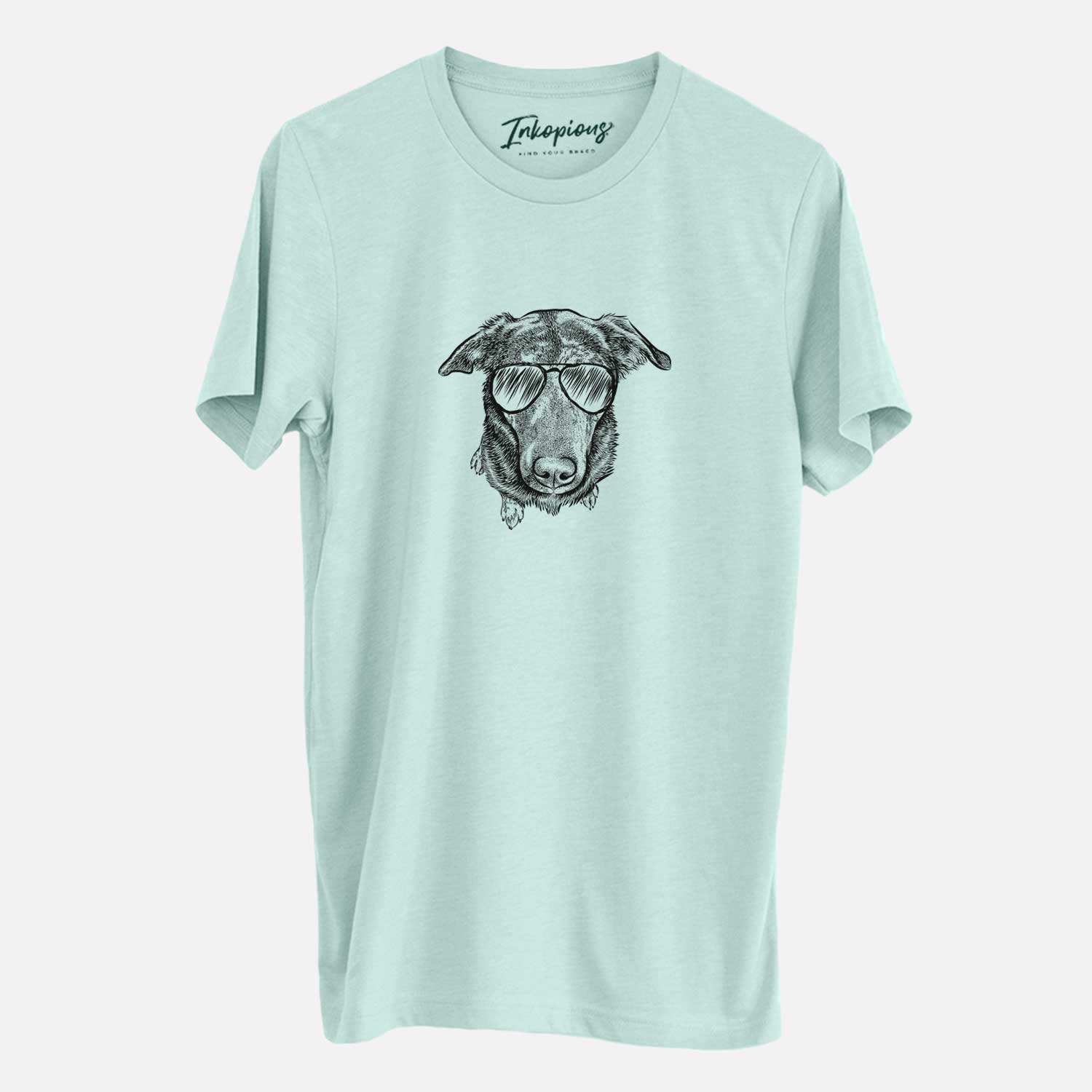 Hand-drawn sketch of Echo the Pitbull Beagle Mix wearing aviator sunglasses on a Heather Sage Unisex crewneck